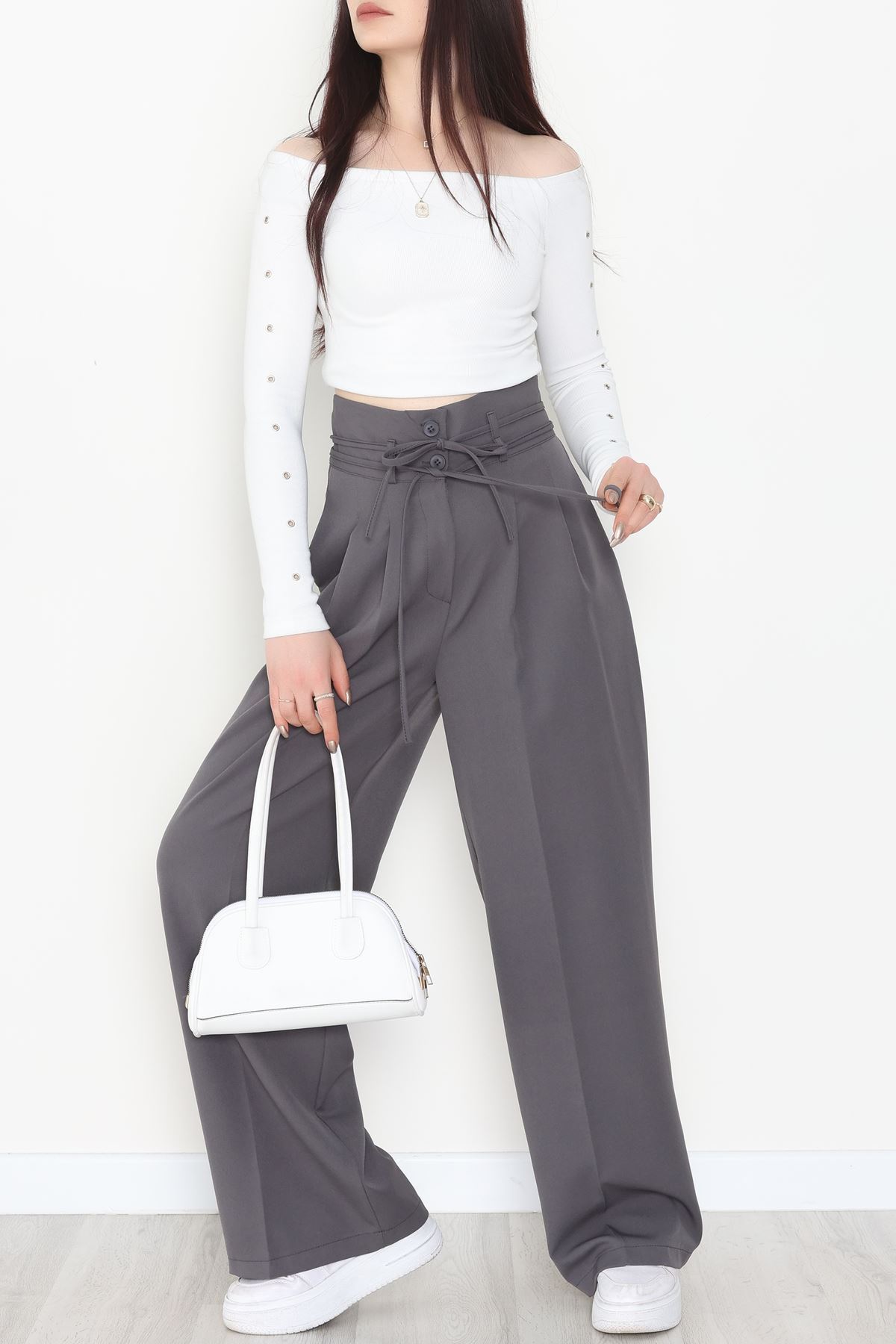 Dabıl Kumaş İp Bağlamalı Palazzo Pantolon Antrasit - 51111.1991.