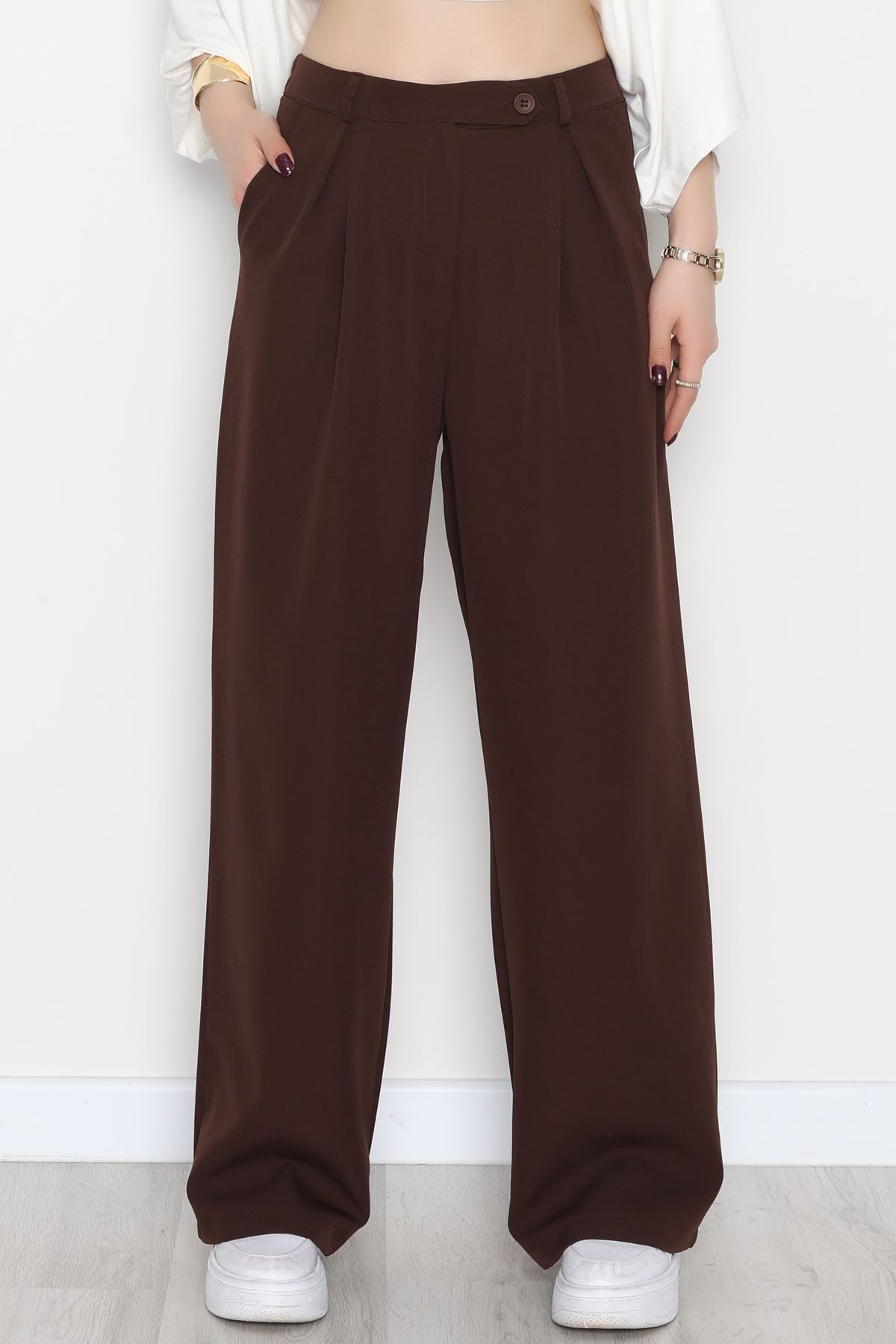 Dabıl Kumaş Önden Pileli Palazzo Pantolon Kahve - 2081.1991.