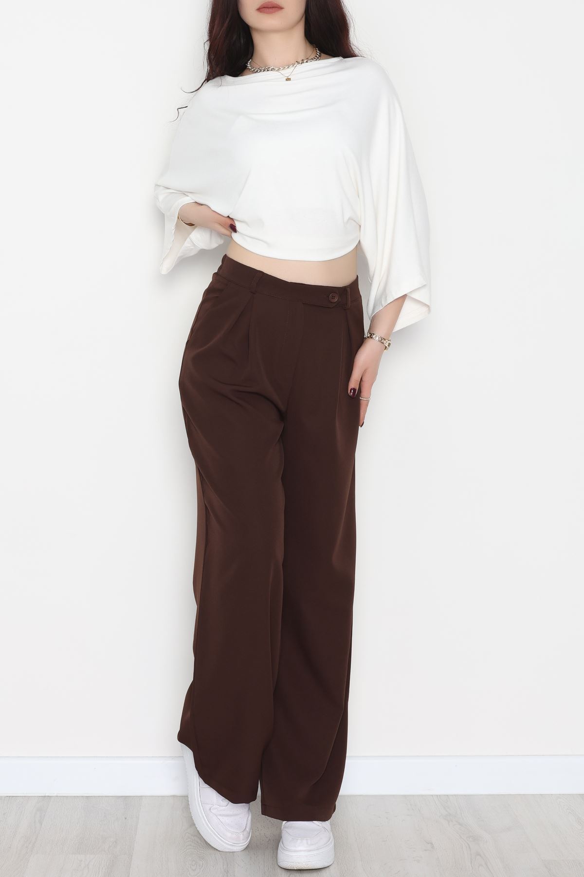 Dabıl Kumaş Önden Pileli Palazzo Pantolon Kahve - 2081.1991.