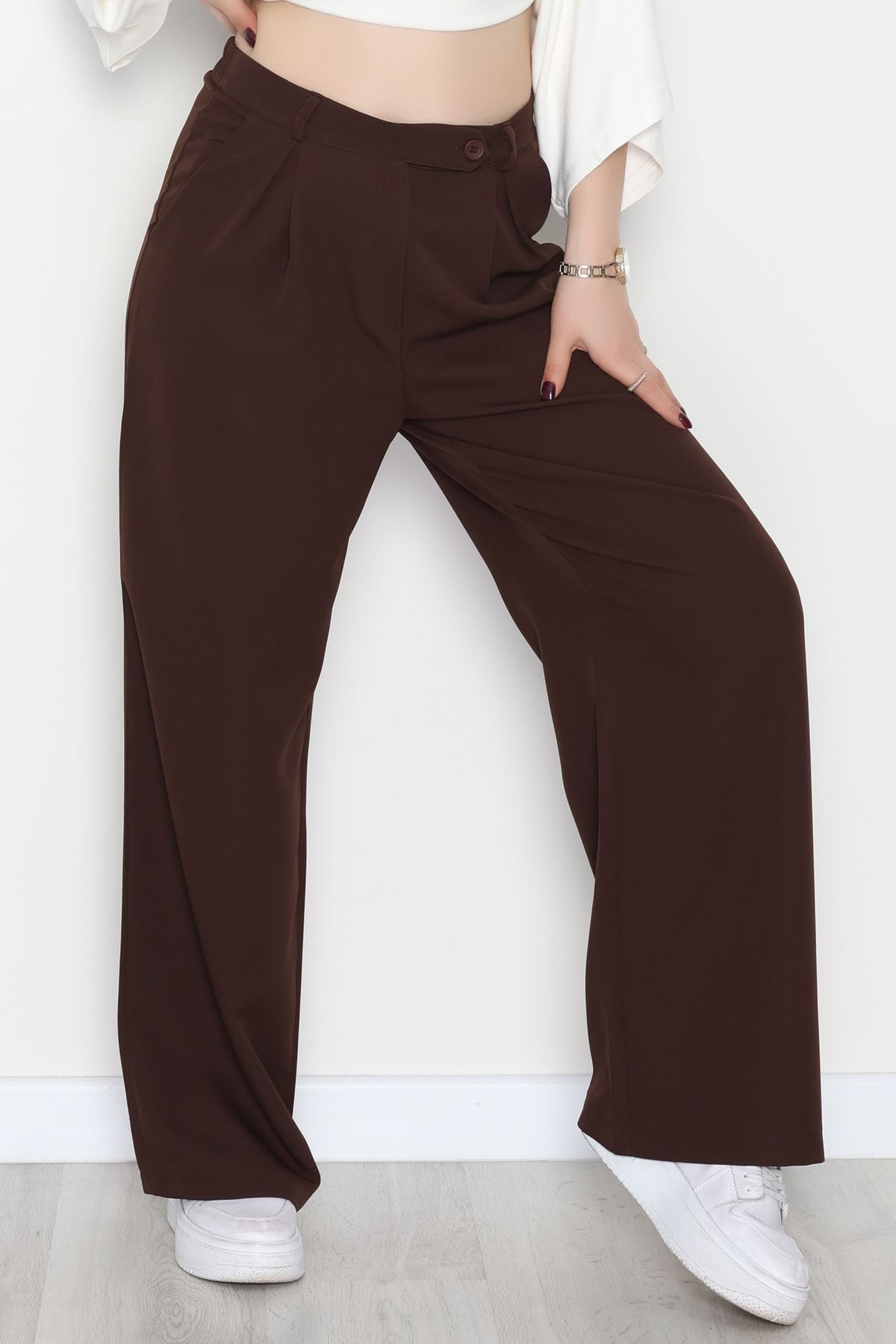 Dabıl Kumaş Önden Pileli Palazzo Pantolon Kahve - 2081.1991.