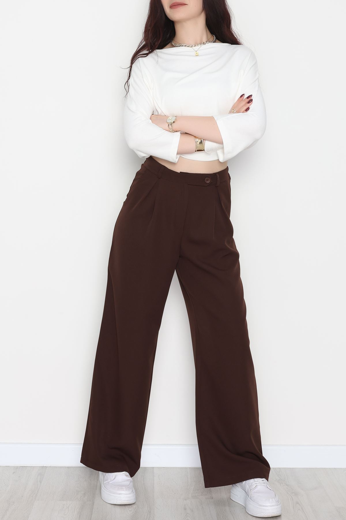 Dabıl Kumaş Önden Pileli Palazzo Pantolon Kahve - 2081.1991.