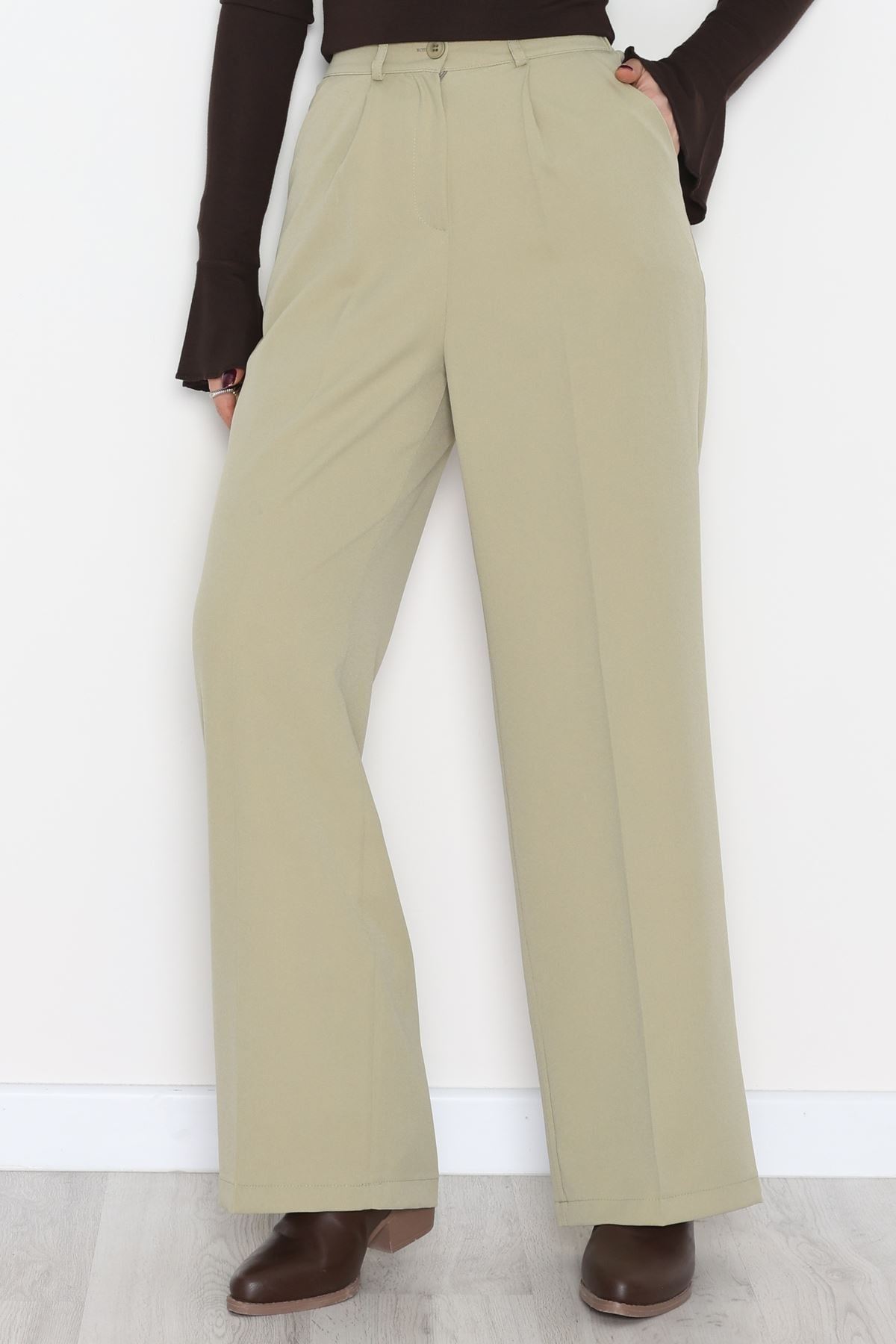 Dabıl Kumaş Bel Lastikli Palazzo Pantolon Çağla - 2082.1991.