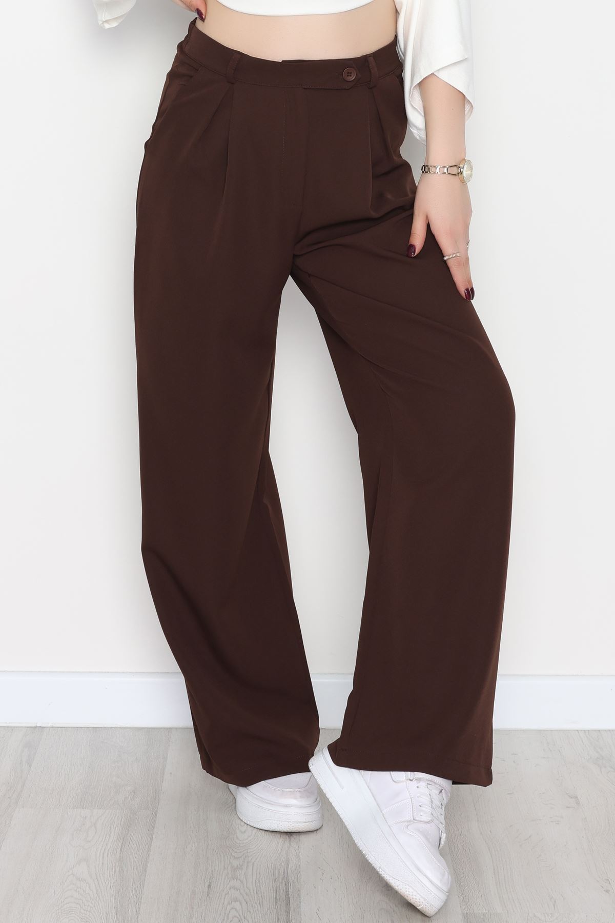 Dabıl Kumaş Önden Pileli Palazzo Pantolon Kahve - 2081.1991.