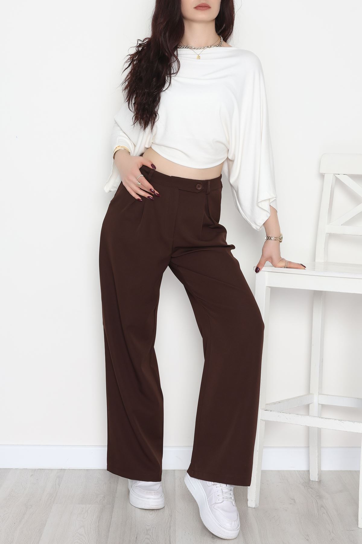 Dabıl Kumaş Önden Pileli Palazzo Pantolon Kahve - 2081.1991.