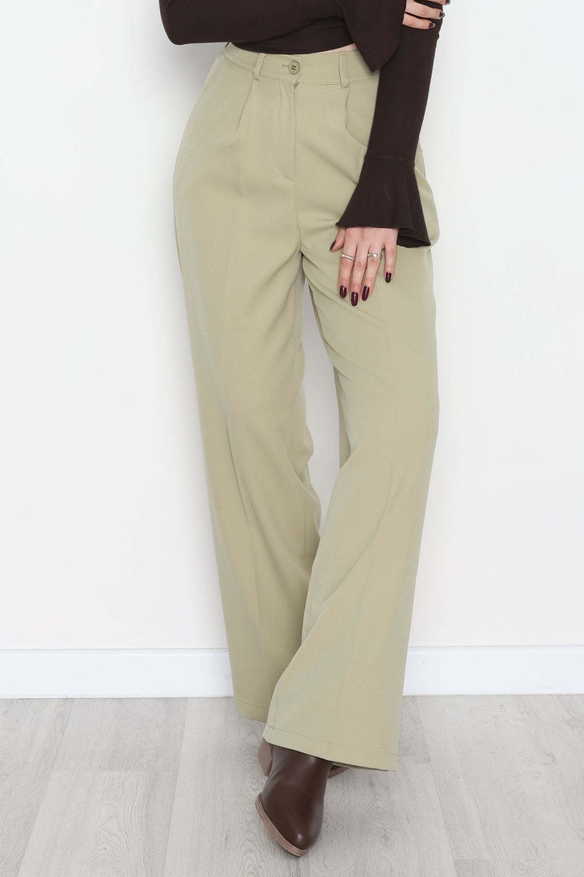 Dabıl Kumaş Bel Lastikli Palazzo Pantolon Çağla - 2082.1991.