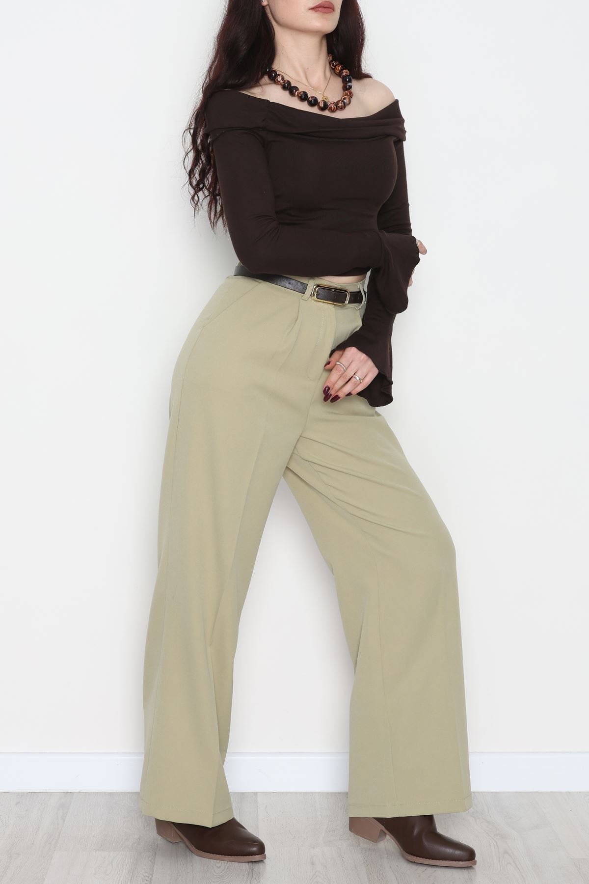 Dabıl Kumaş Bel Lastikli Palazzo Pantolon Çağla - 2082.1991.