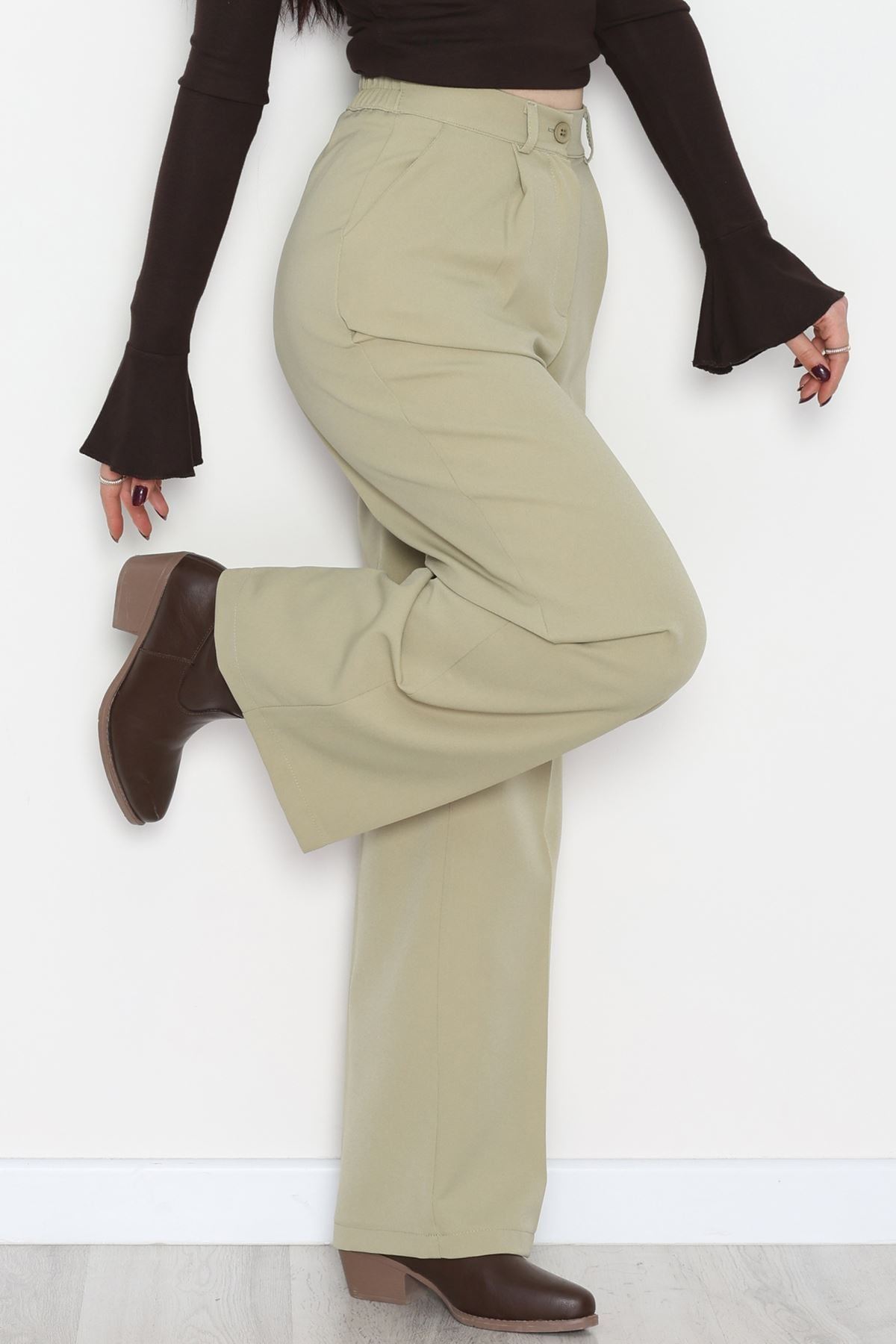 Dabıl Kumaş Bel Lastikli Palazzo Pantolon Çağla - 2082.1991.