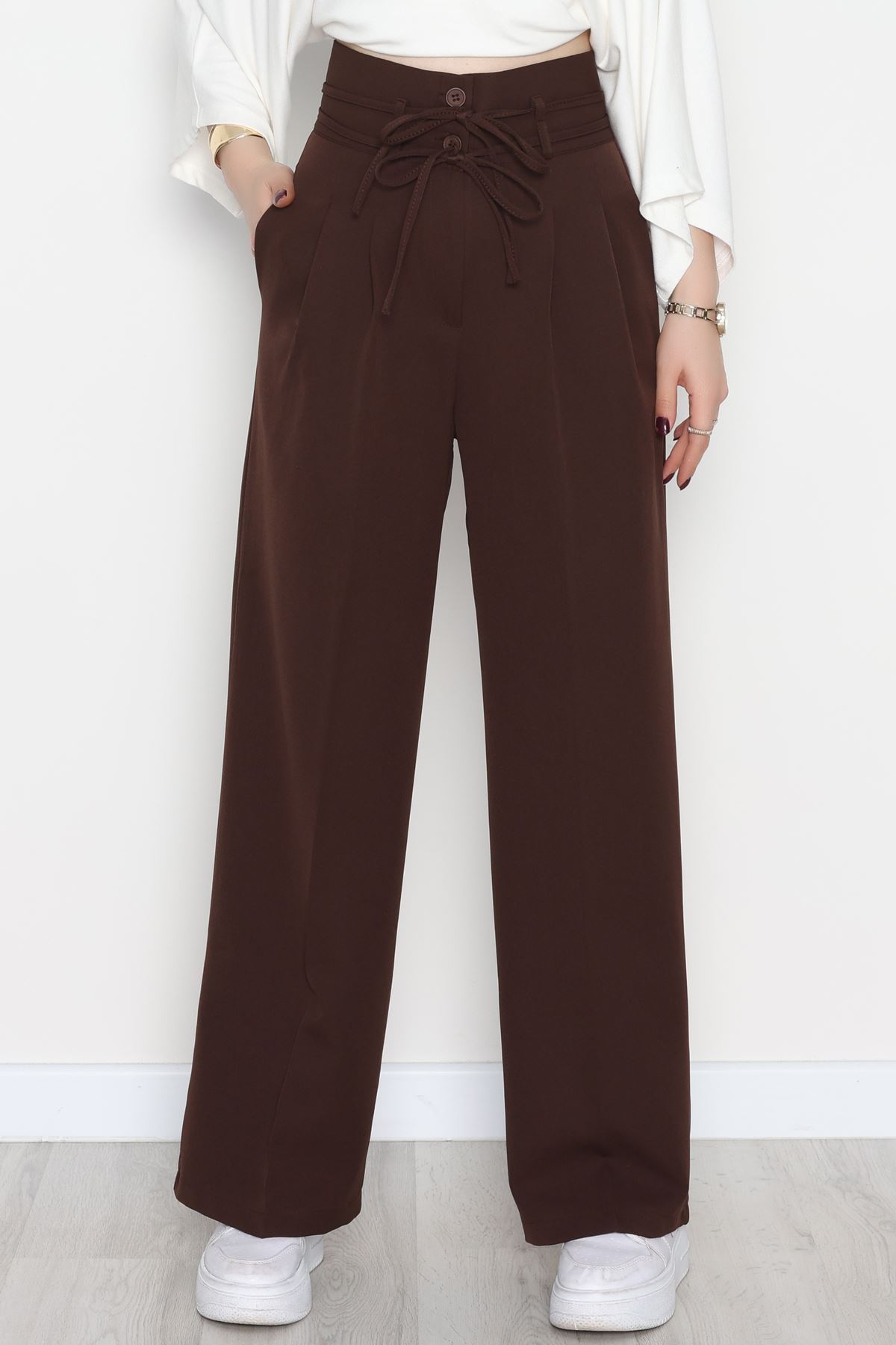 Dabıl Kumaş İp Bağlamalı Palazzo Pantolon Kahve - 51111.1991.