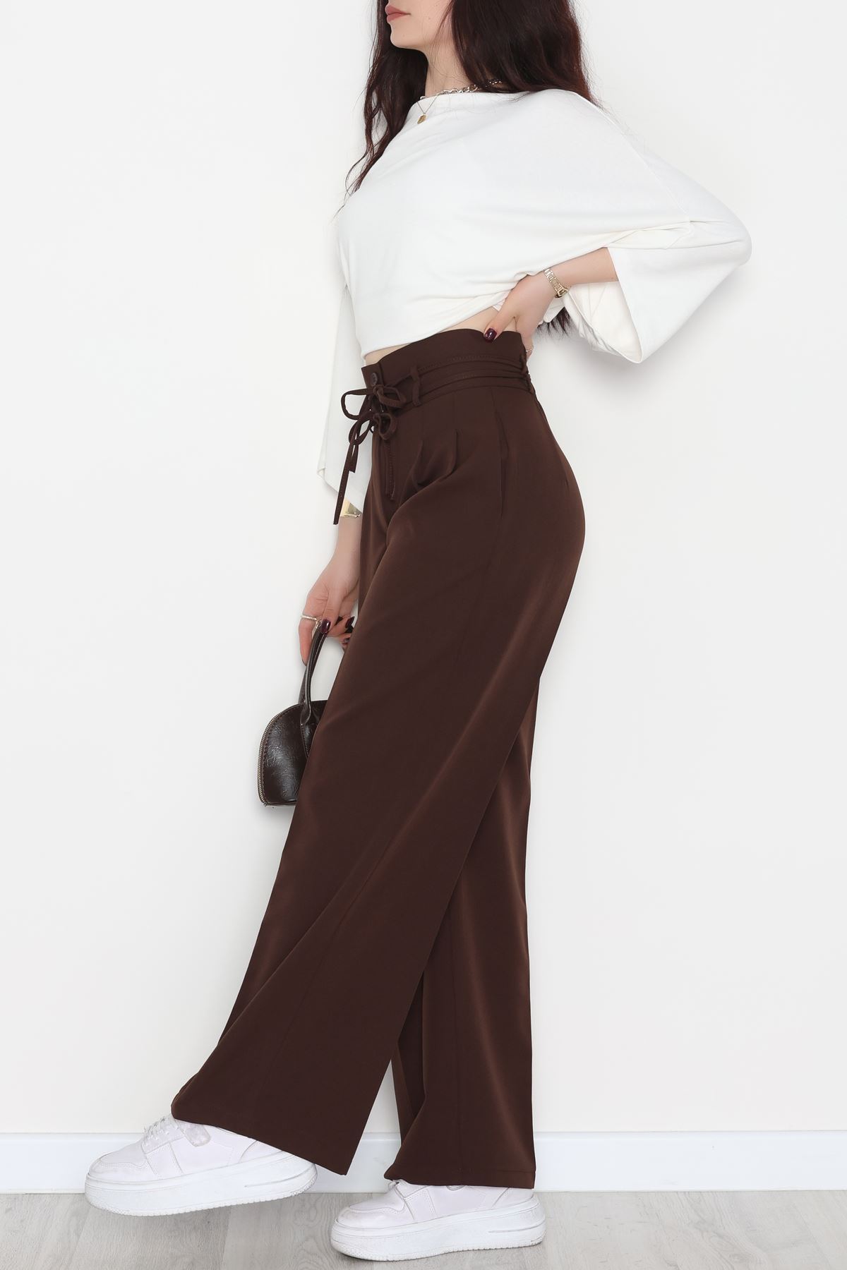 Dabıl Kumaş İp Bağlamalı Palazzo Pantolon Kahve - 51111.1991.