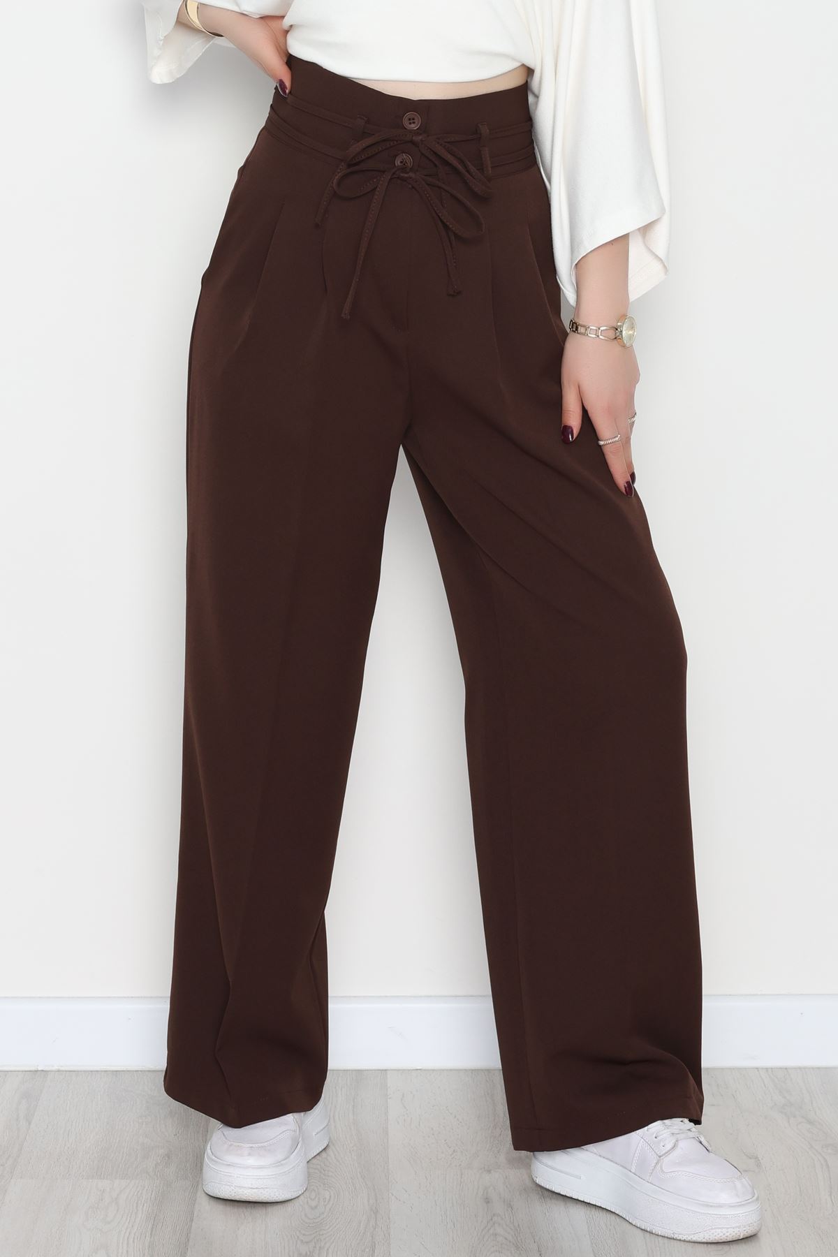 Dabıl Kumaş İp Bağlamalı Palazzo Pantolon Kahve - 51111.1991.