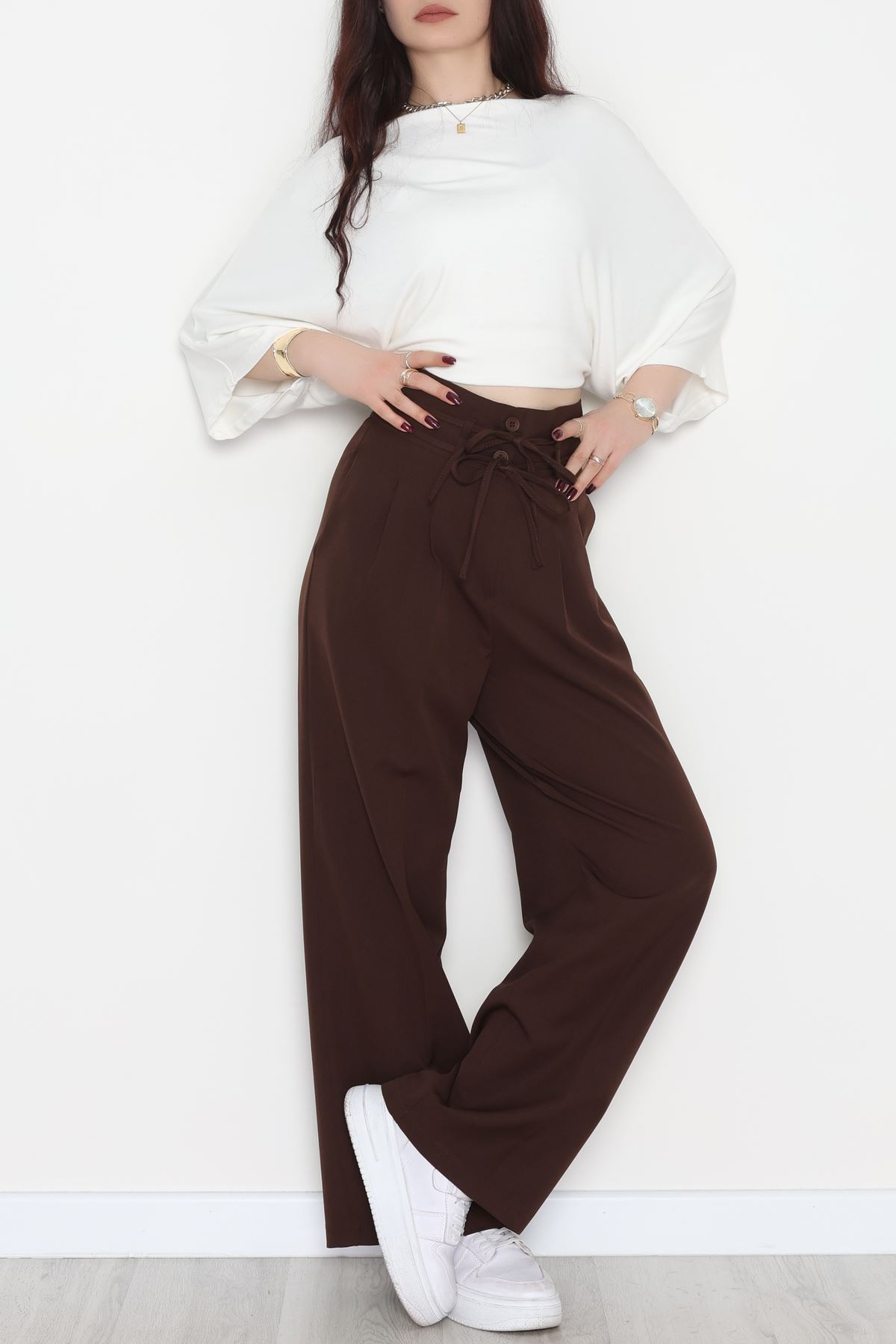 Dabıl Kumaş İp Bağlamalı Palazzo Pantolon Kahve - 51111.1991.