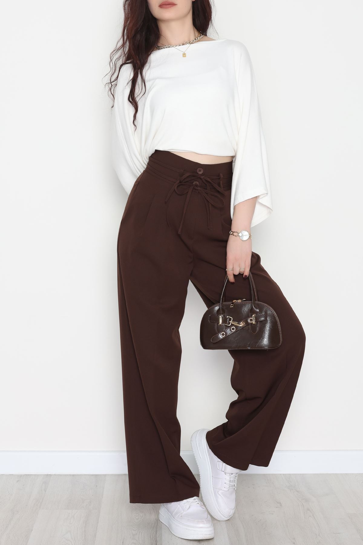 Dabıl Kumaş İp Bağlamalı Palazzo Pantolon Kahve - 51111.1991.