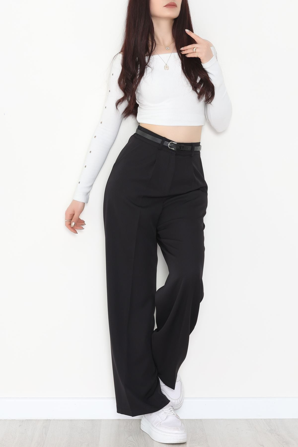 Dabıl Kumaş Bel Lastikli Palazzo Pantolon Siyah - 2082.1991.