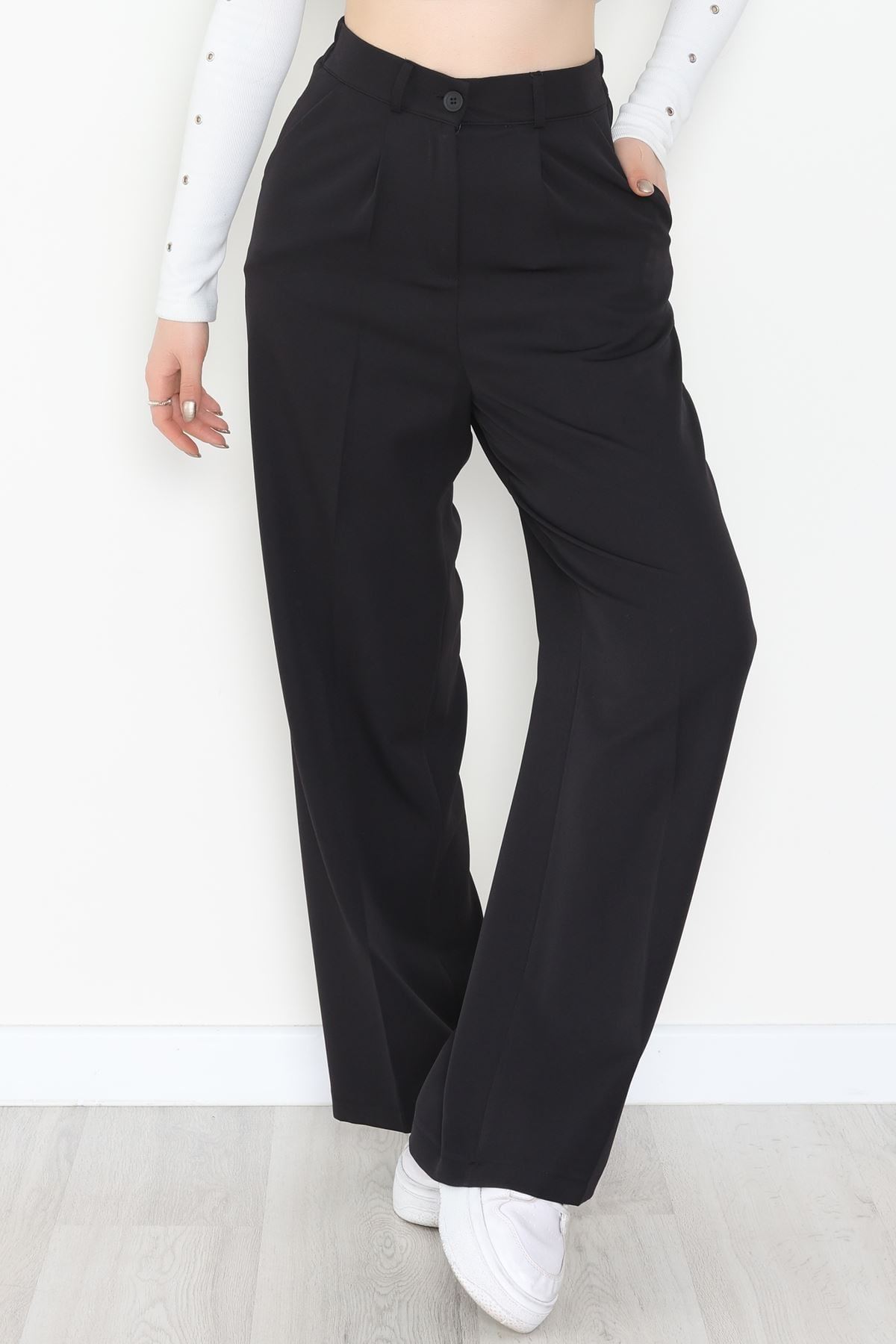Dabıl Kumaş Bel Lastikli Palazzo Pantolon Siyah - 2082.1991.