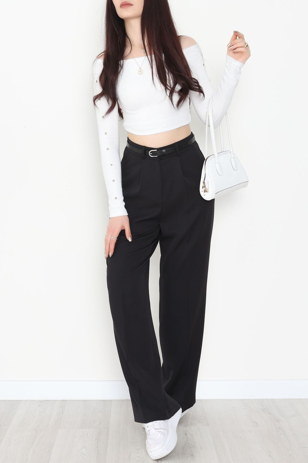 Dabıl Kumaş Bel Lastikli Palazzo Pantolon Siyah - 2082.1991.