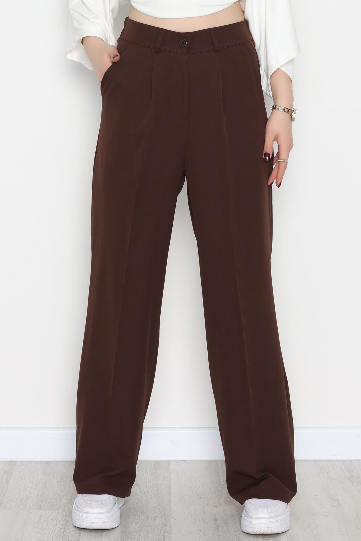 Dabıl Kumaş Bel Lastikli Palazzo Pantolon Kahve - 2082.1991.