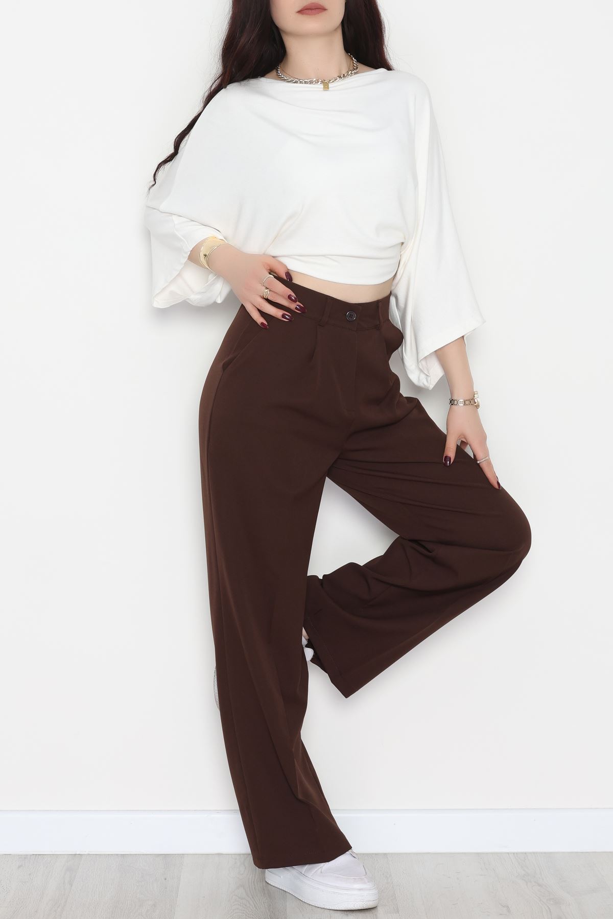Dabıl Kumaş Bel Lastikli Palazzo Pantolon Kahve - 2082.1991.