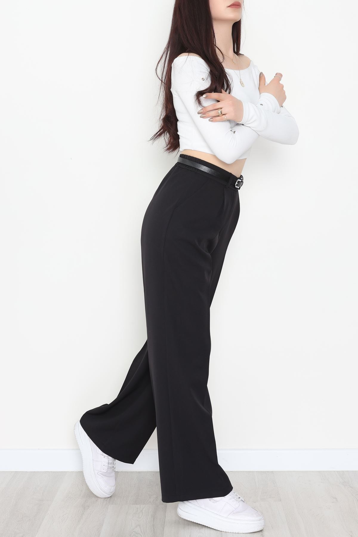 Dabıl Kumaş Bel Lastikli Palazzo Pantolon Siyah - 2082.1991.