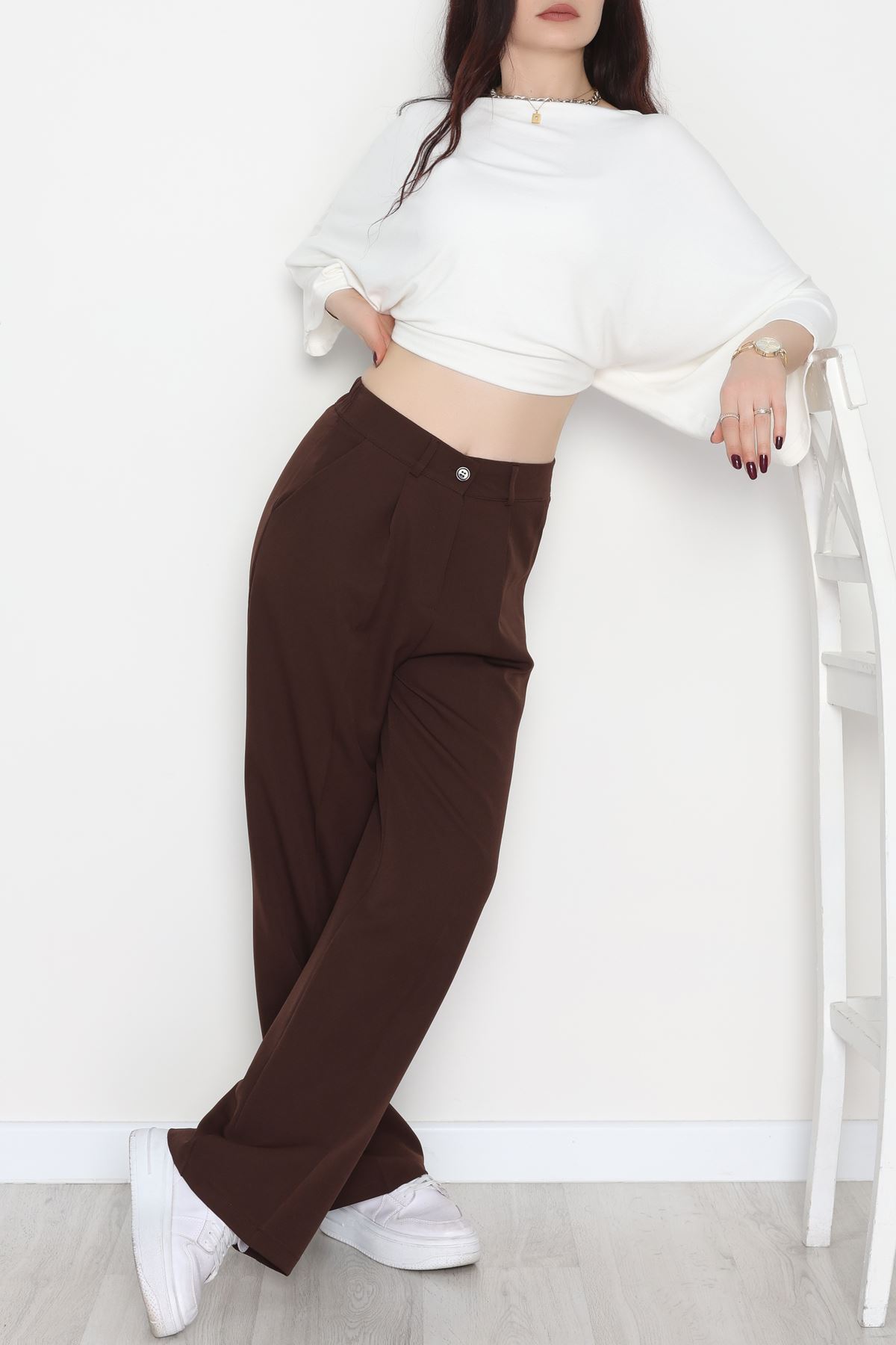Dabıl Kumaş Bel Lastikli Palazzo Pantolon Kahve - 2082.1991.