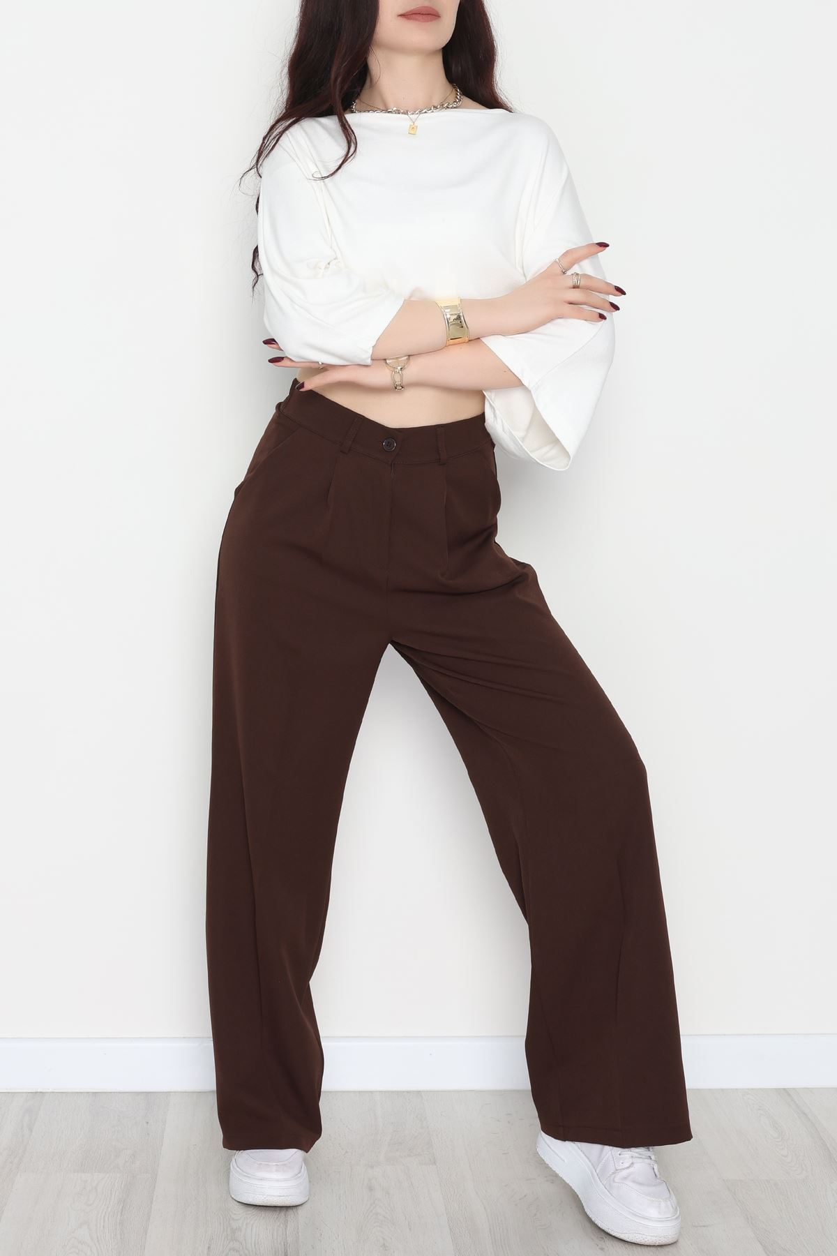 Dabıl Kumaş Bel Lastikli Palazzo Pantolon Kahve - 2082.1991.