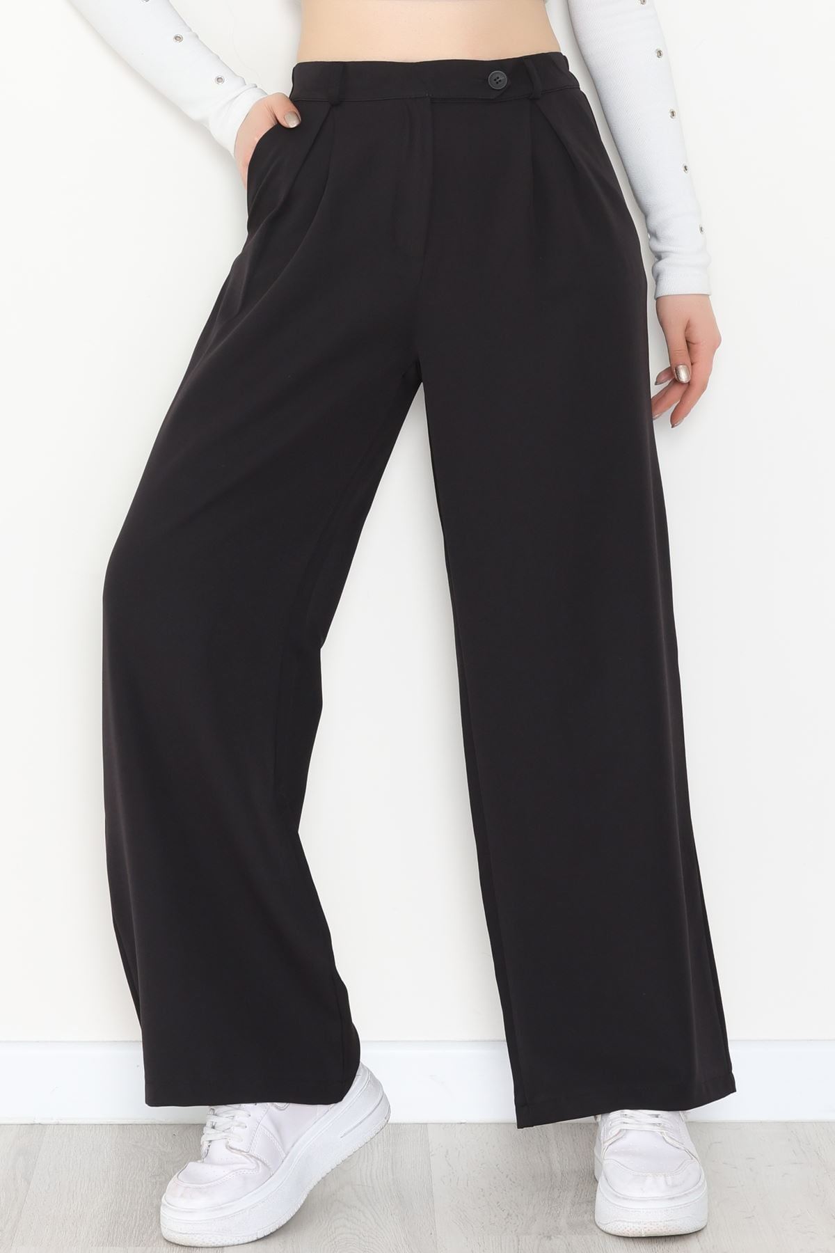 Dabıl Kumaş Önden Pileli Palazzo Pantolon Siyah - 2081.1991.