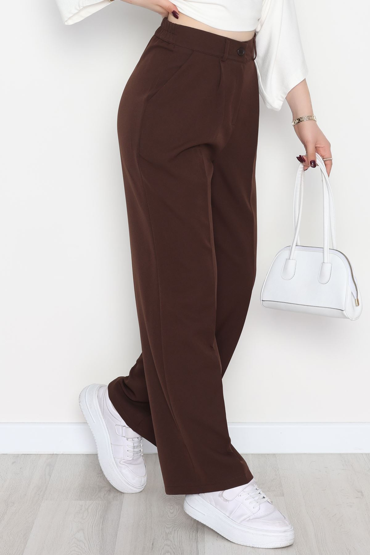 Dabıl Kumaş Bel Lastikli Palazzo Pantolon Kahve - 2082.1991.