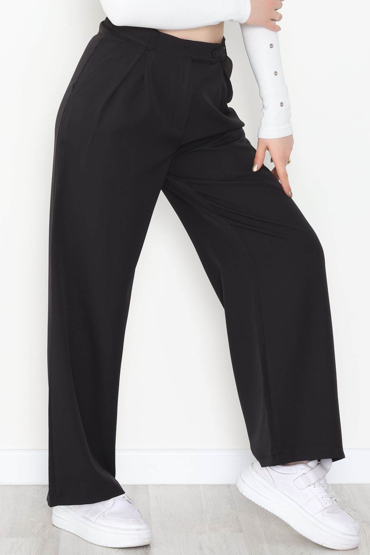 Dabıl Kumaş Önden Pileli Palazzo Pantolon Siyah - 2081.1991.