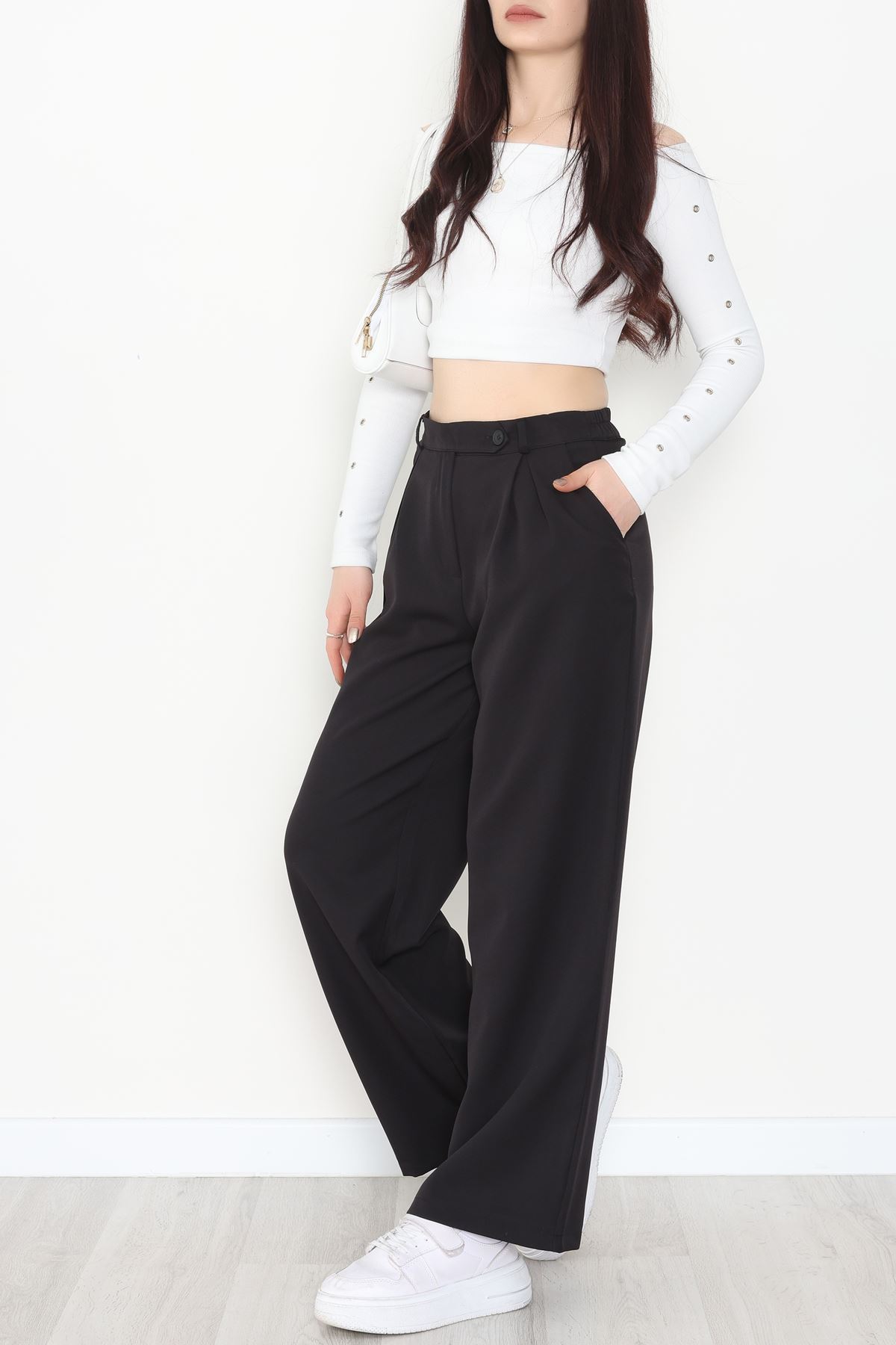 Dabıl Kumaş Önden Pileli Palazzo Pantolon Siyah - 2081.1991.