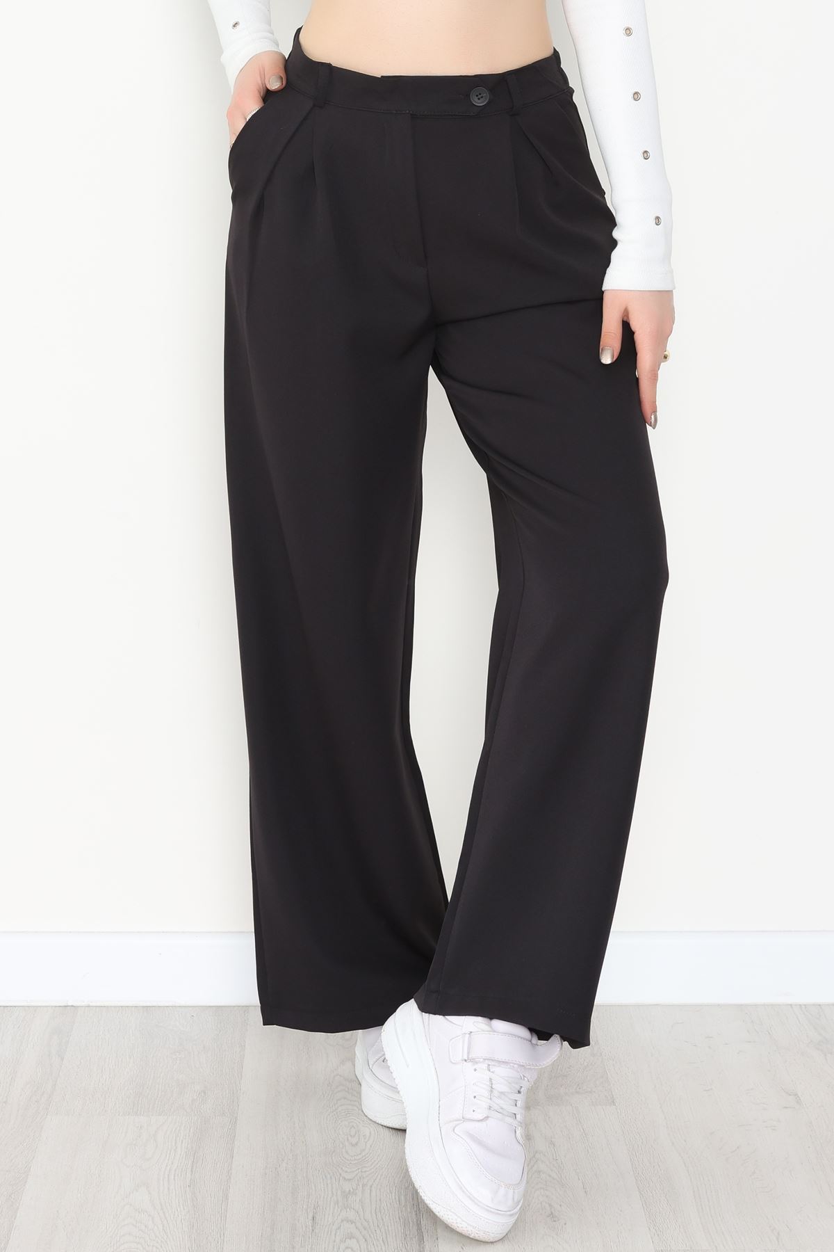 Dabıl Kumaş Önden Pileli Palazzo Pantolon Siyah - 2081.1991.