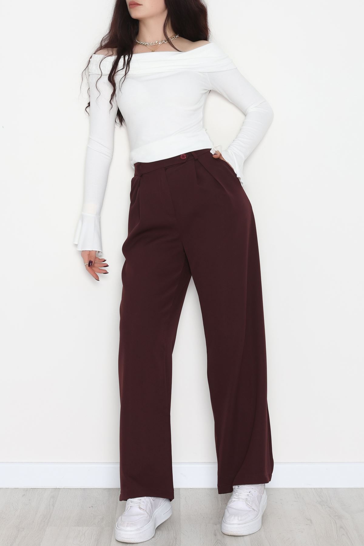 Dabıl Kumaş Önden Pileli Palazzo Pantolon Mürdüm - 2081.1991.