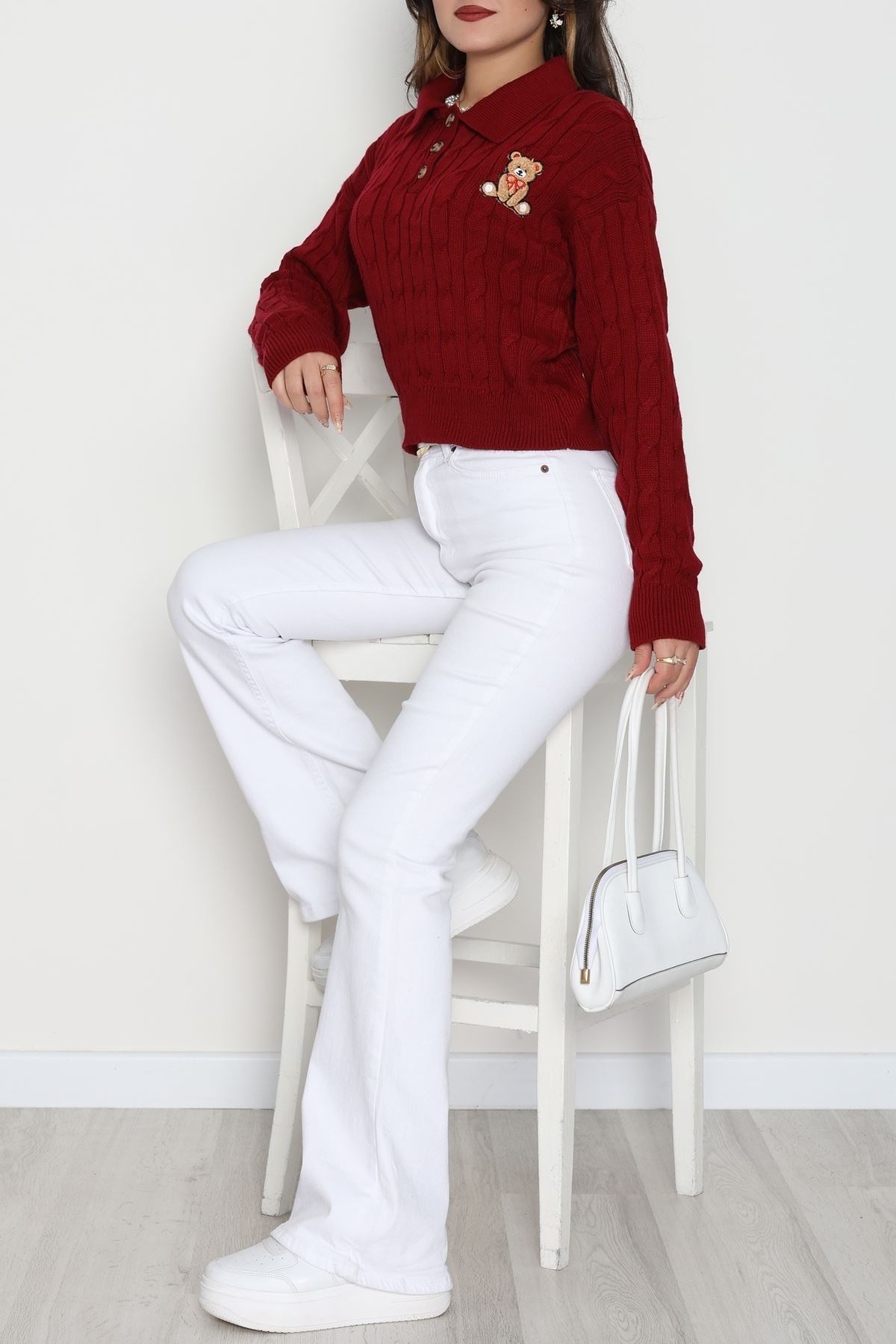 Saç Örgü Nakışlı Triko Kazak Bordo - 2162.1247.