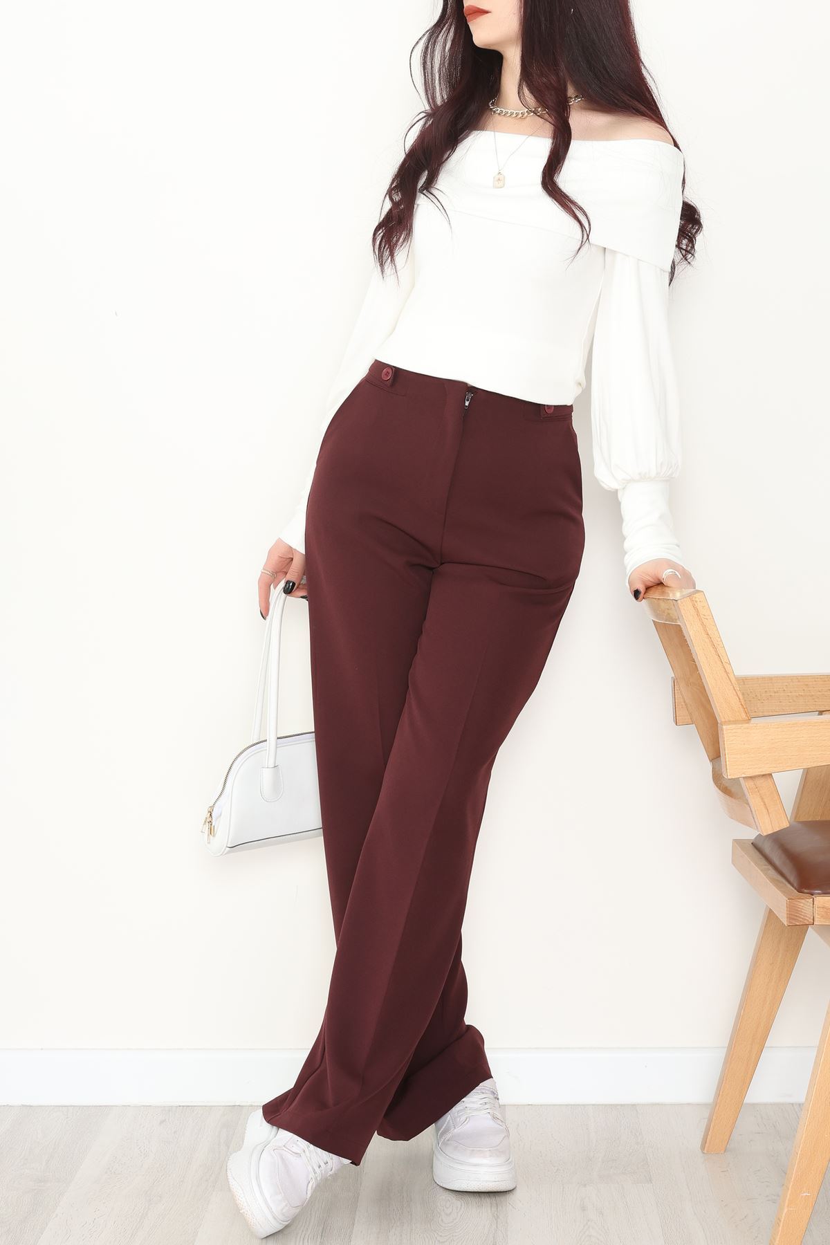 Dabıl Kumaş Yan Düğmeli Palazzo Pantolon Mürdüm - 2086.1991.