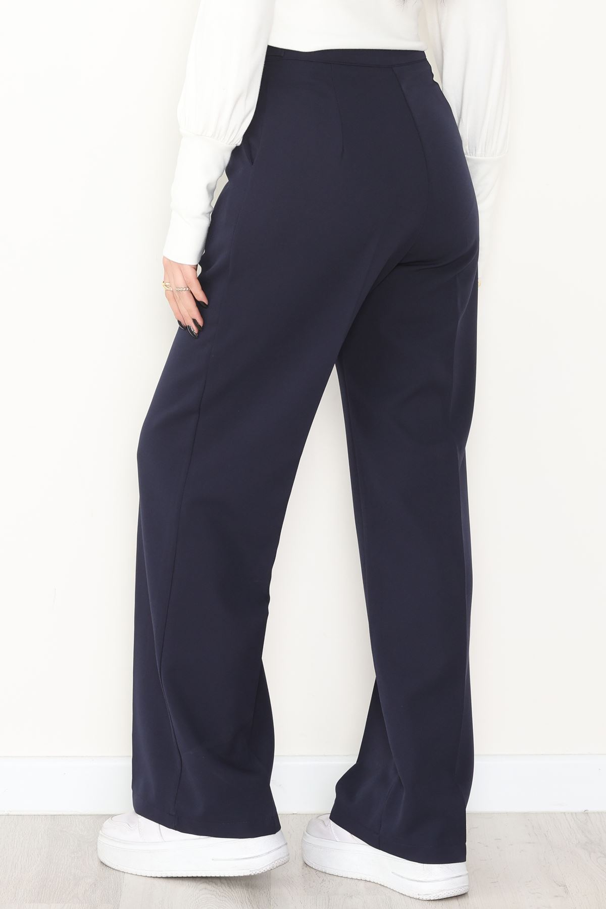 Dabıl Kumaş Yan Düğmeli Palazzo Pantolon Lacivert - 2086.1991.