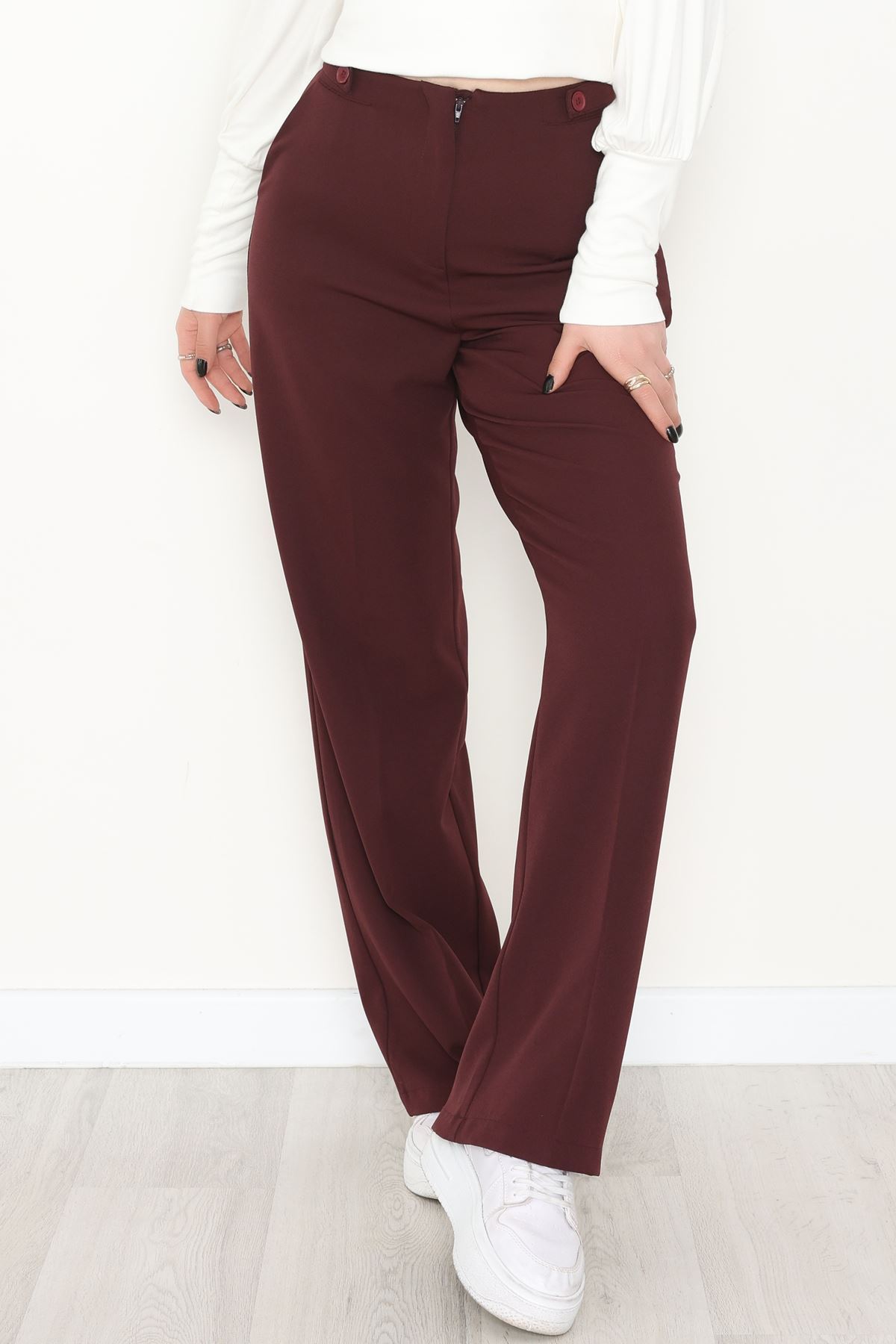 Dabıl Kumaş Yan Düğmeli Palazzo Pantolon Mürdüm - 2086.1991.