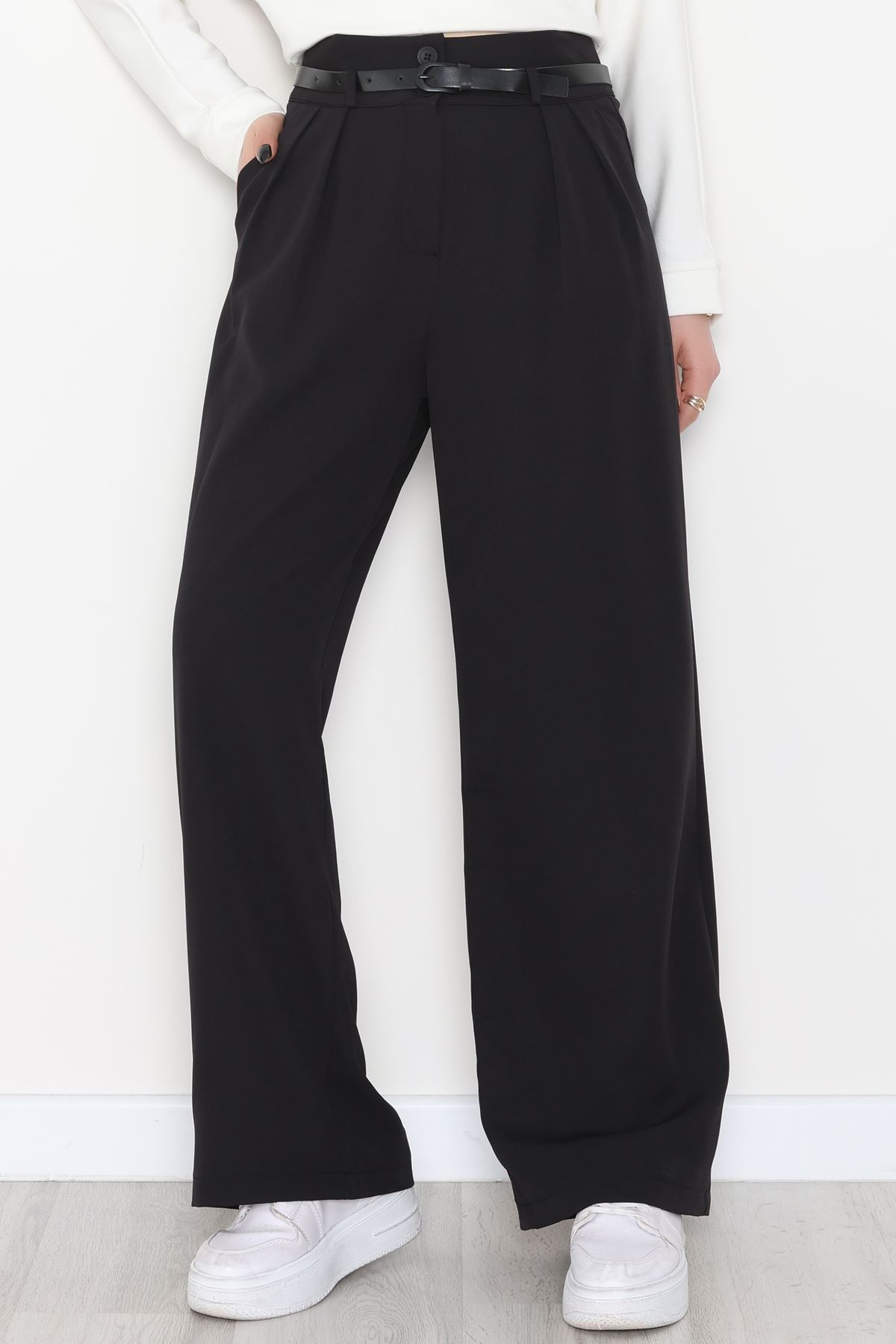 Dabıl Kumaş Kemerli Çift Düğme Pileli Palazzo Pantolon Siyah - 2084.1991.