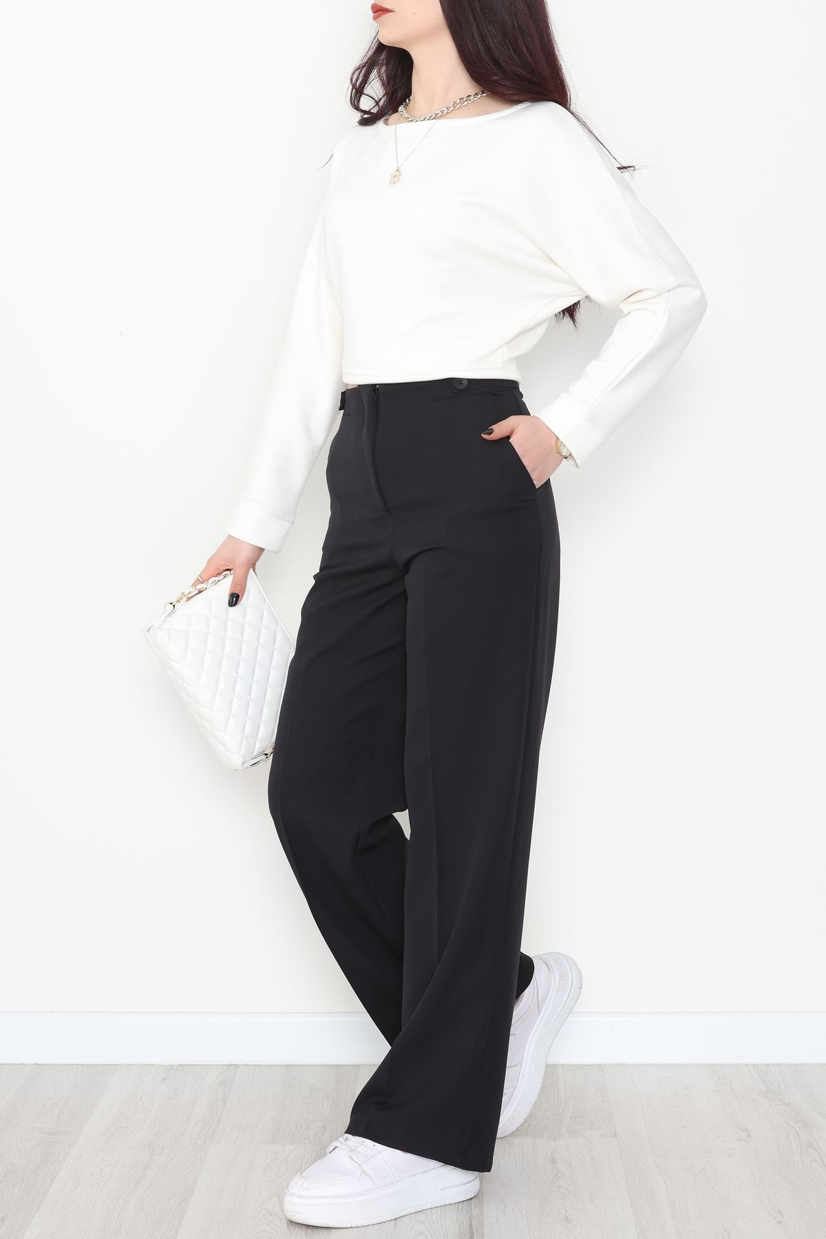 Dabıl Kumaş Yan Düğmeli Palazzo Pantolon Siyah - 2086.1991.