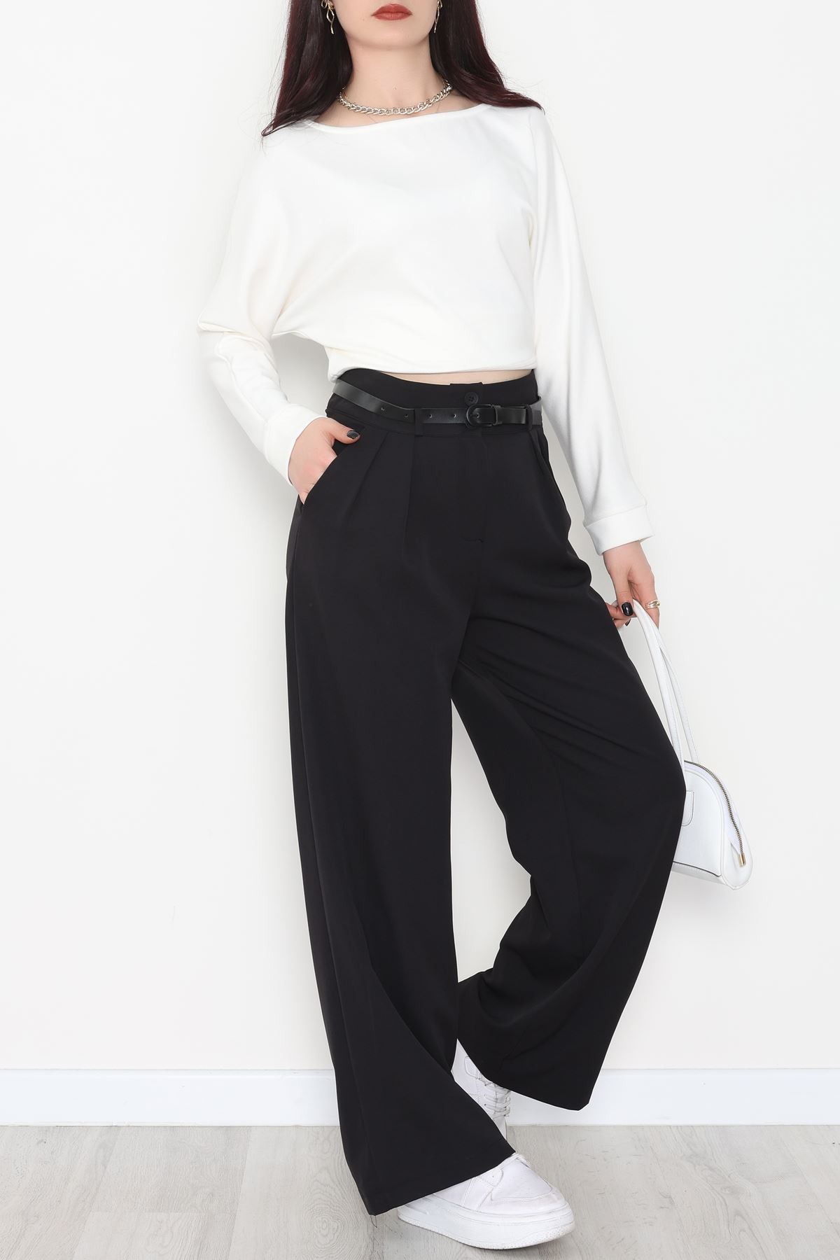 Dabıl Kumaş Kemerli Çift Düğme Pileli Palazzo Pantolon Siyah - 2084.1991.