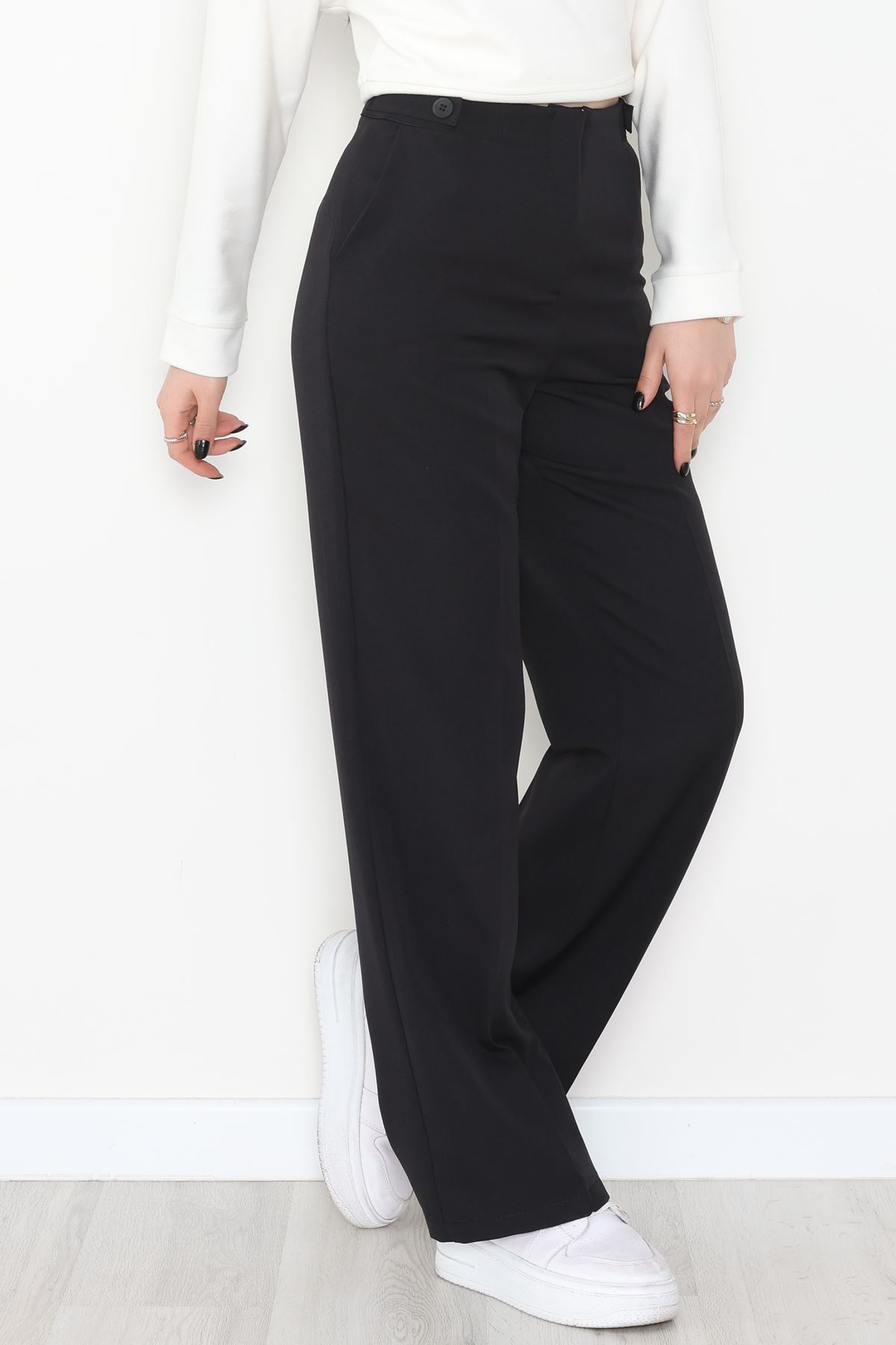 Dabıl Kumaş Yan Düğmeli Palazzo Pantolon Siyah - 2086.1991.