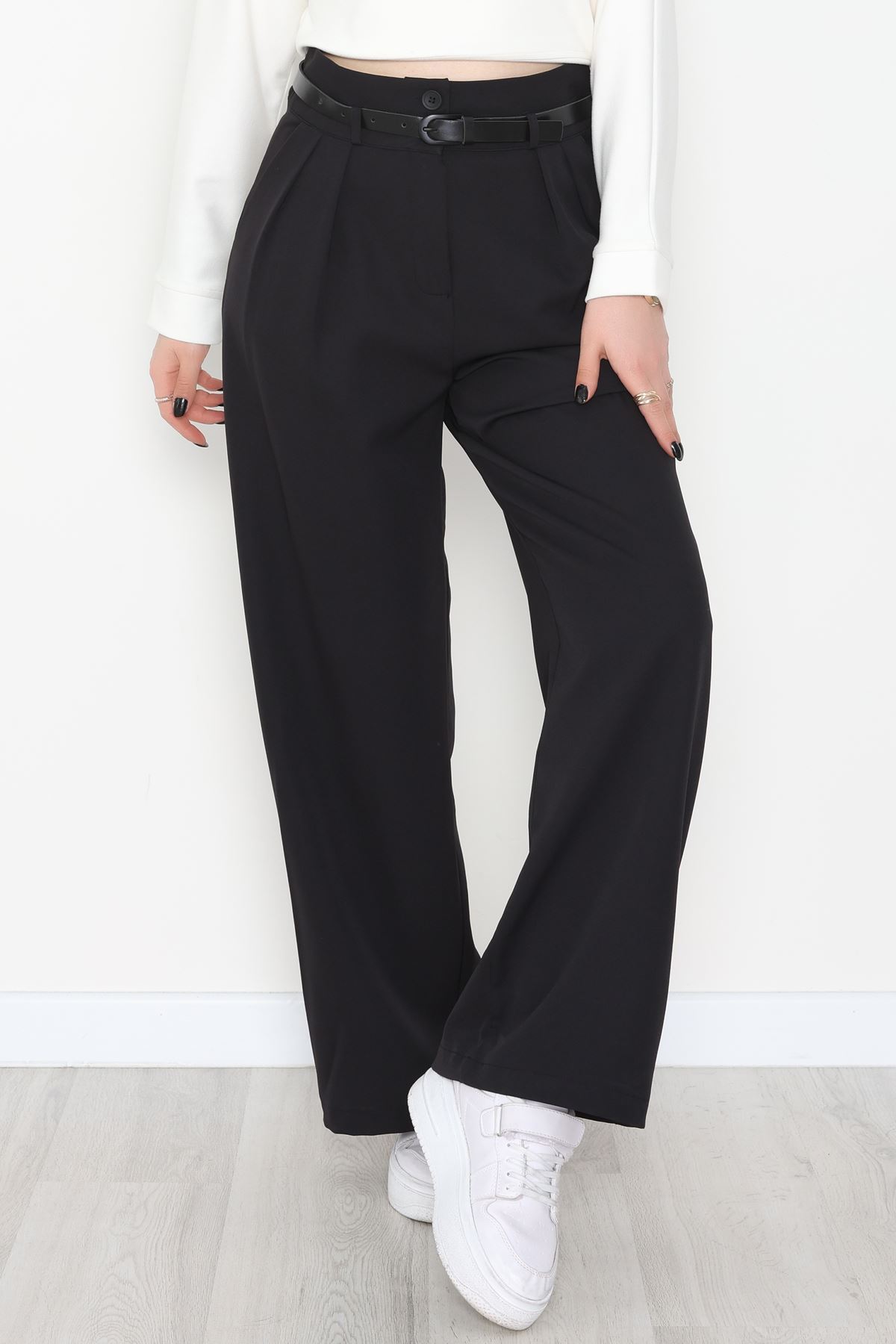 Dabıl Kumaş Kemerli Çift Düğme Pileli Palazzo Pantolon Siyah - 2084.1991.