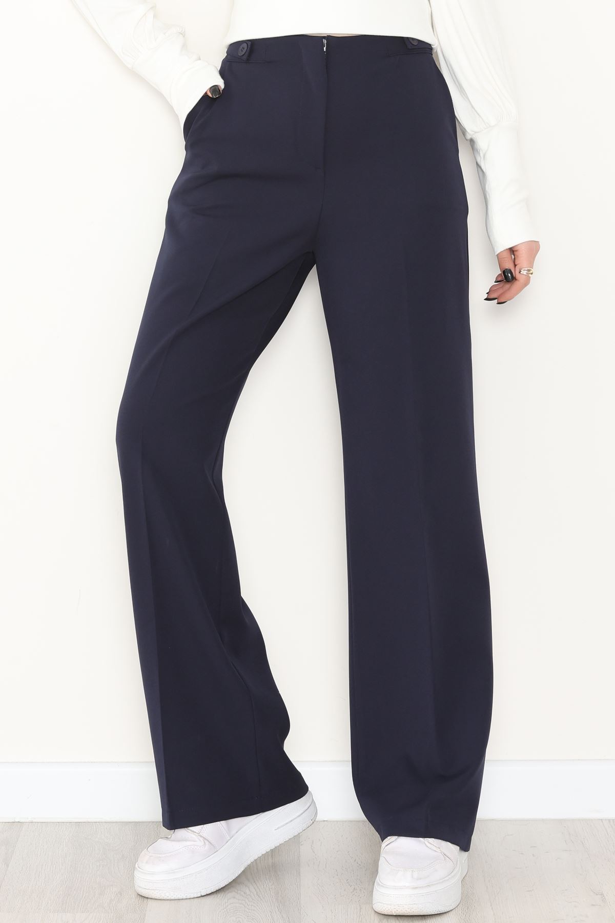 Dabıl Kumaş Yan Düğmeli Palazzo Pantolon Lacivert - 2086.1991.