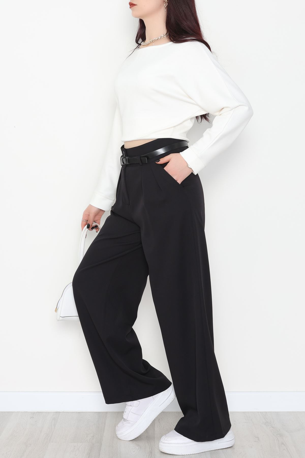 Dabıl Kumaş Kemerli Çift Düğme Pileli Palazzo Pantolon Siyah - 2084.1991.
