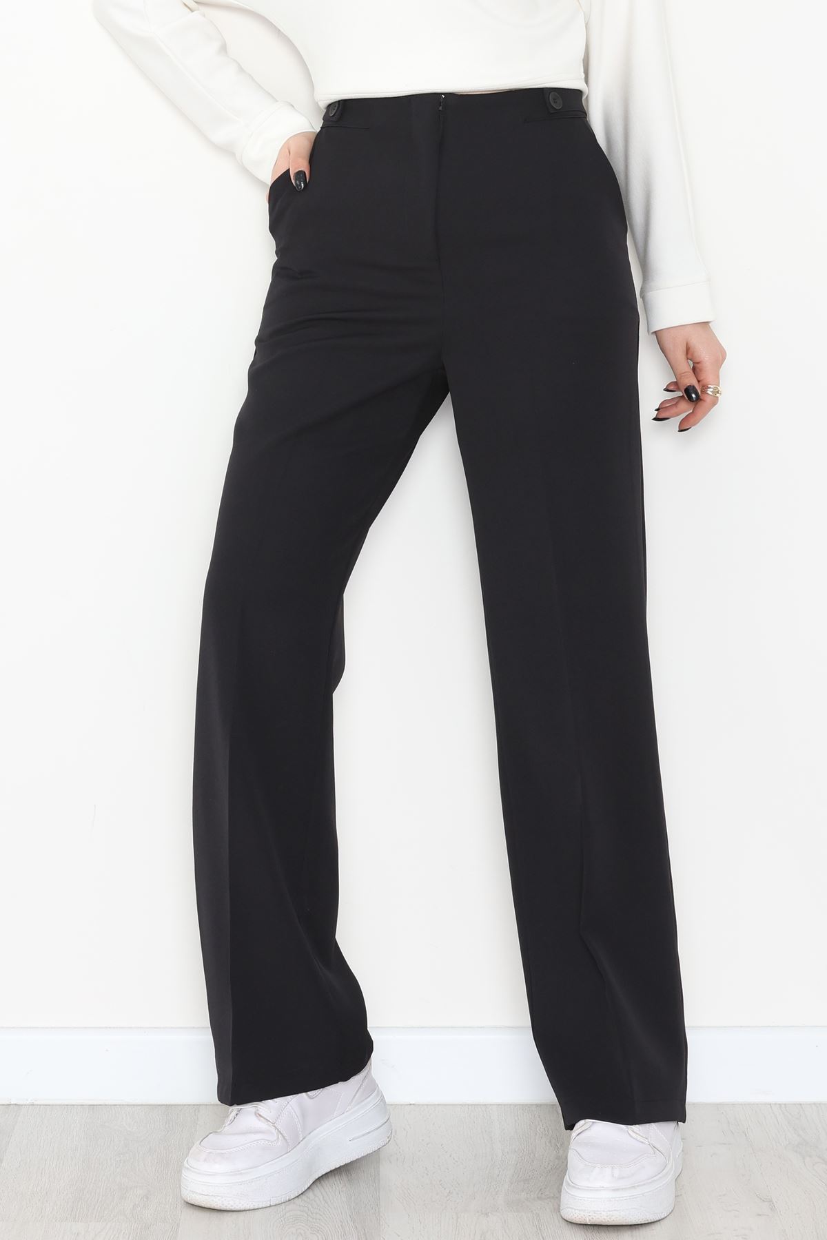 Dabıl Kumaş Yan Düğmeli Palazzo Pantolon Siyah - 2086.1991.