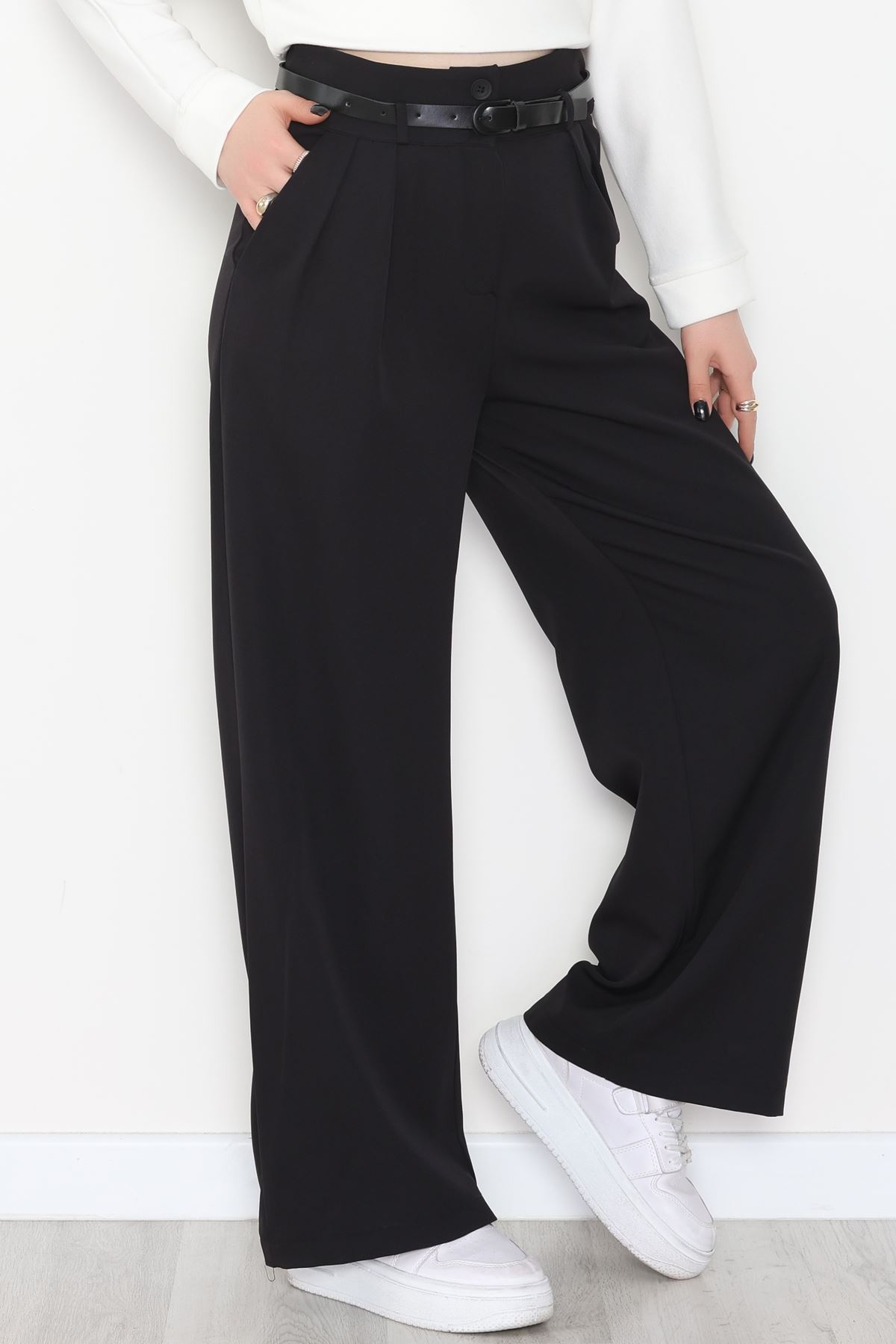 Dabıl Kumaş Kemerli Çift Düğme Pileli Palazzo Pantolon Siyah - 2084.1991.