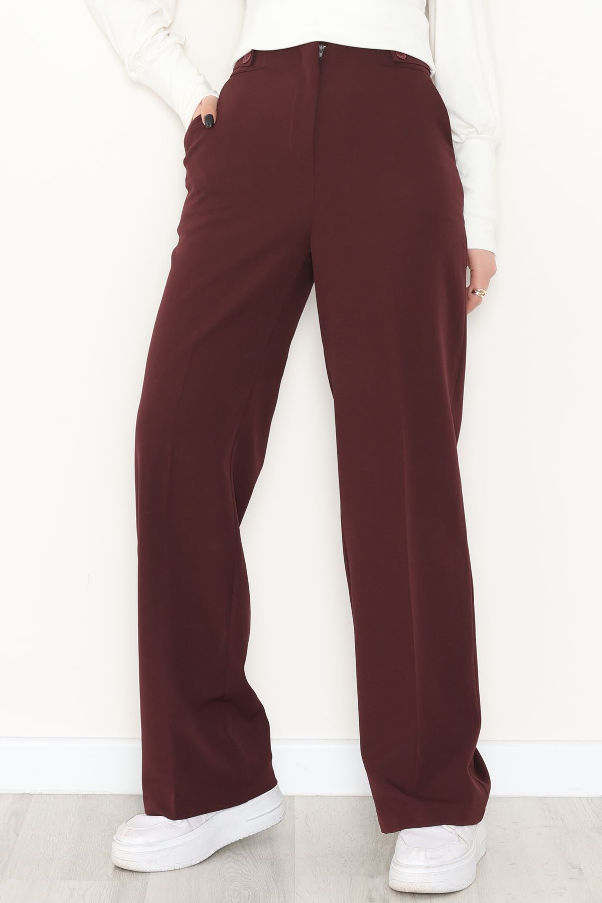 Dabıl Kumaş Yan Düğmeli Palazzo Pantolon Mürdüm - 2086.1991.