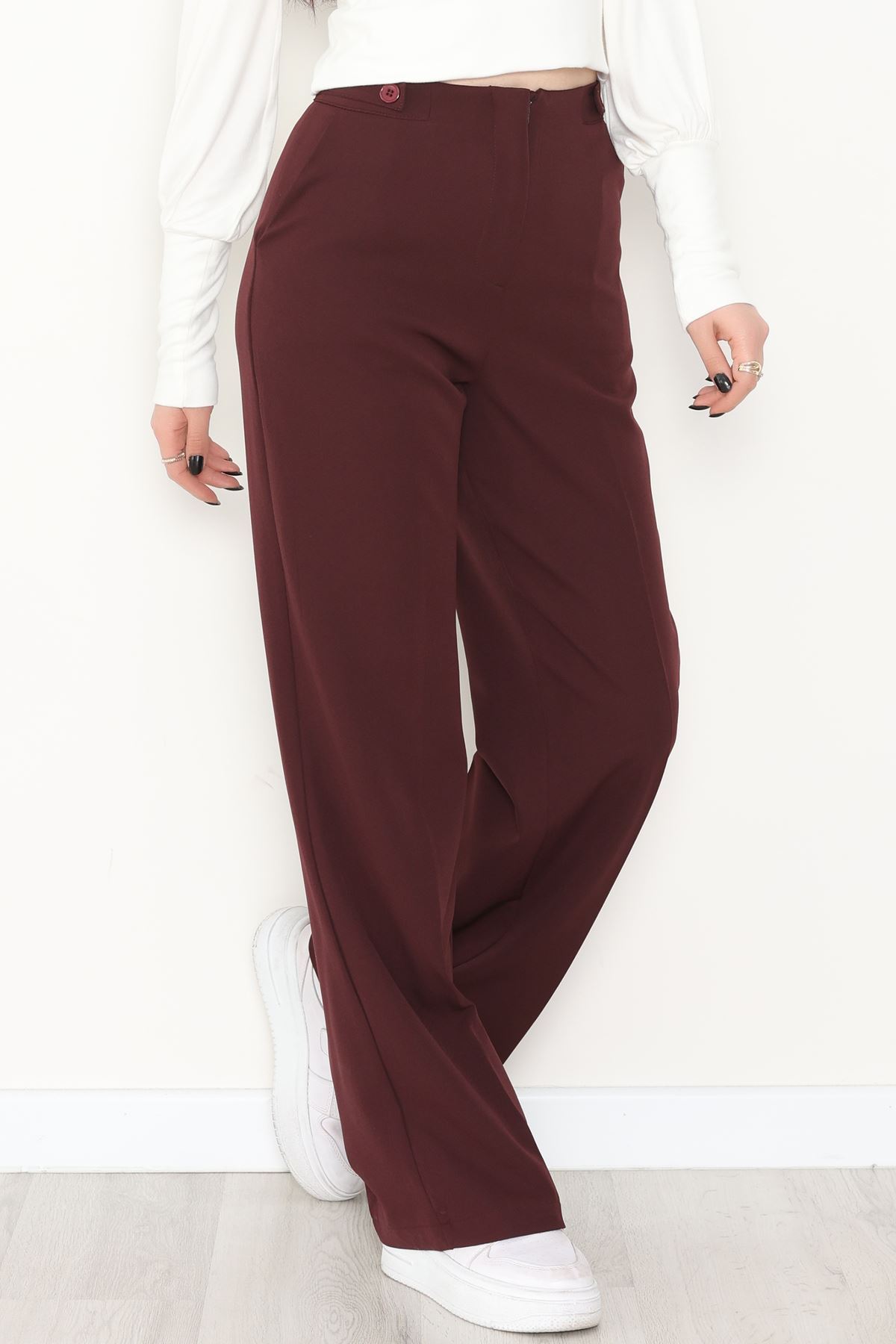 Dabıl Kumaş Yan Düğmeli Palazzo Pantolon Mürdüm - 2086.1991.