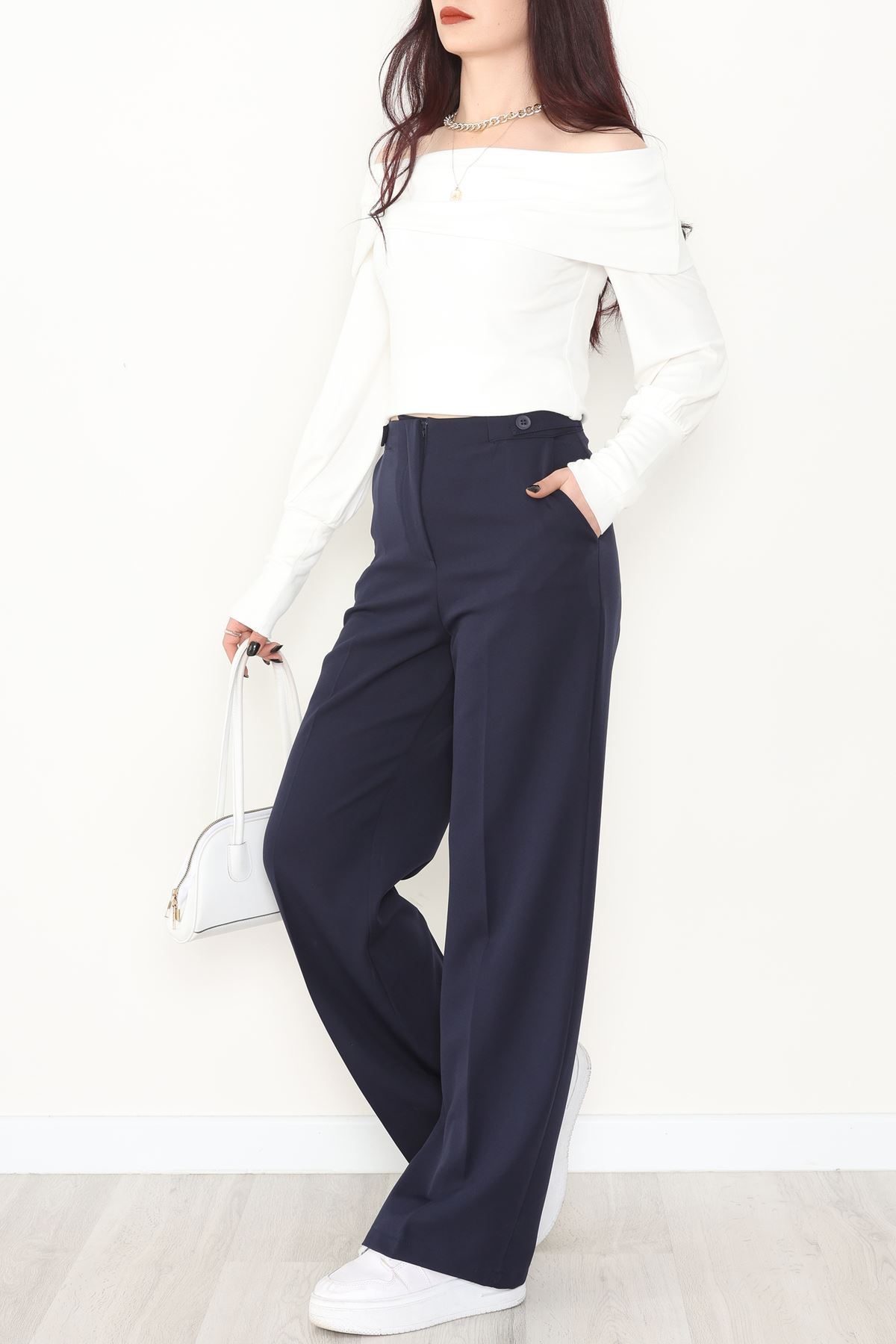 Dabıl Kumaş Yan Düğmeli Palazzo Pantolon Lacivert - 2086.1991.