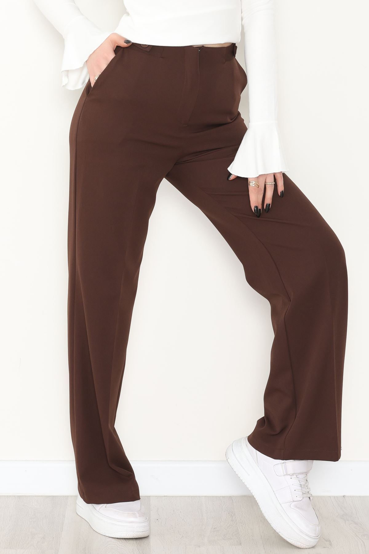 Dabıl Kumaş Yan Düğmeli Palazzo Pantolon Kahve - 2086.1991.