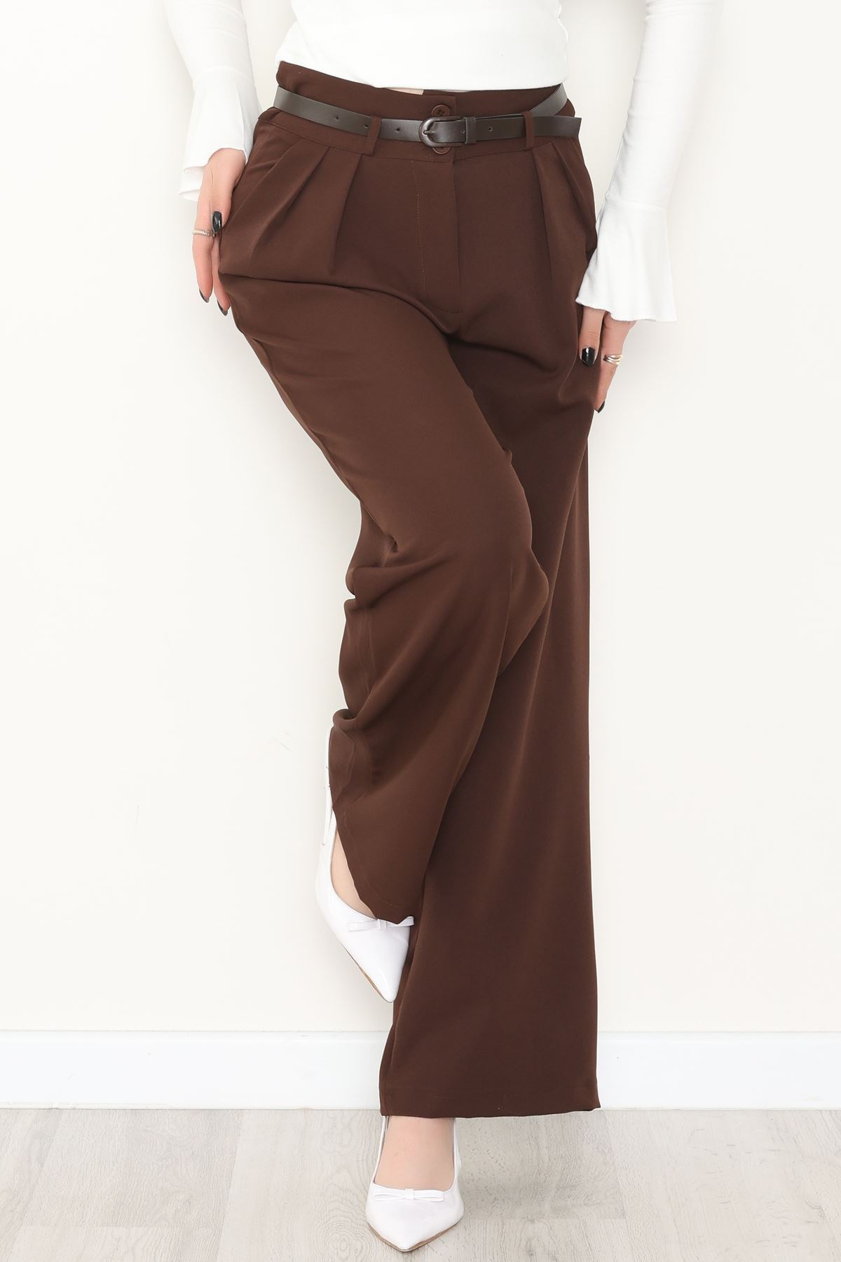 Dabıl Kumaş  Kemerli Çift Düğme Pileli Palazzo Pantolon Kahve - 2084.1991.