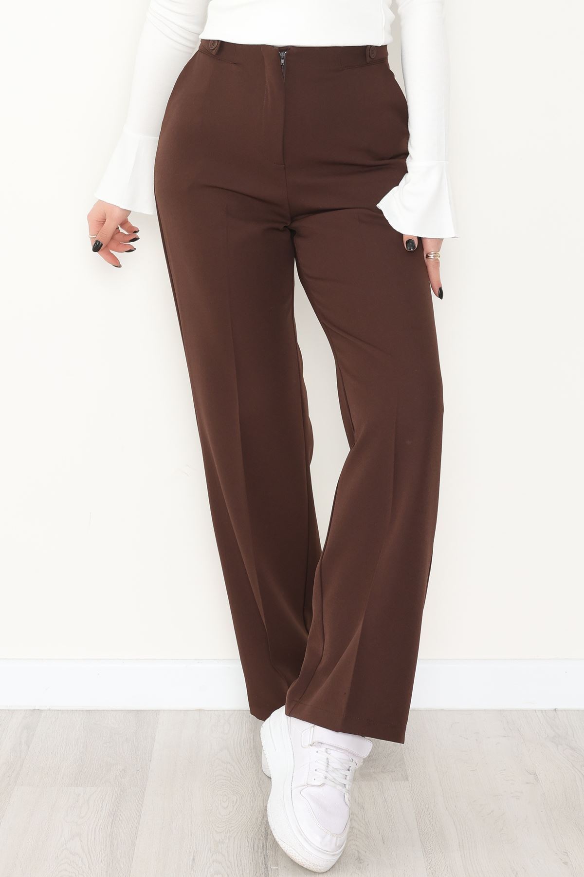 Dabıl Kumaş Yan Düğmeli Palazzo Pantolon Kahve - 2086.1991.