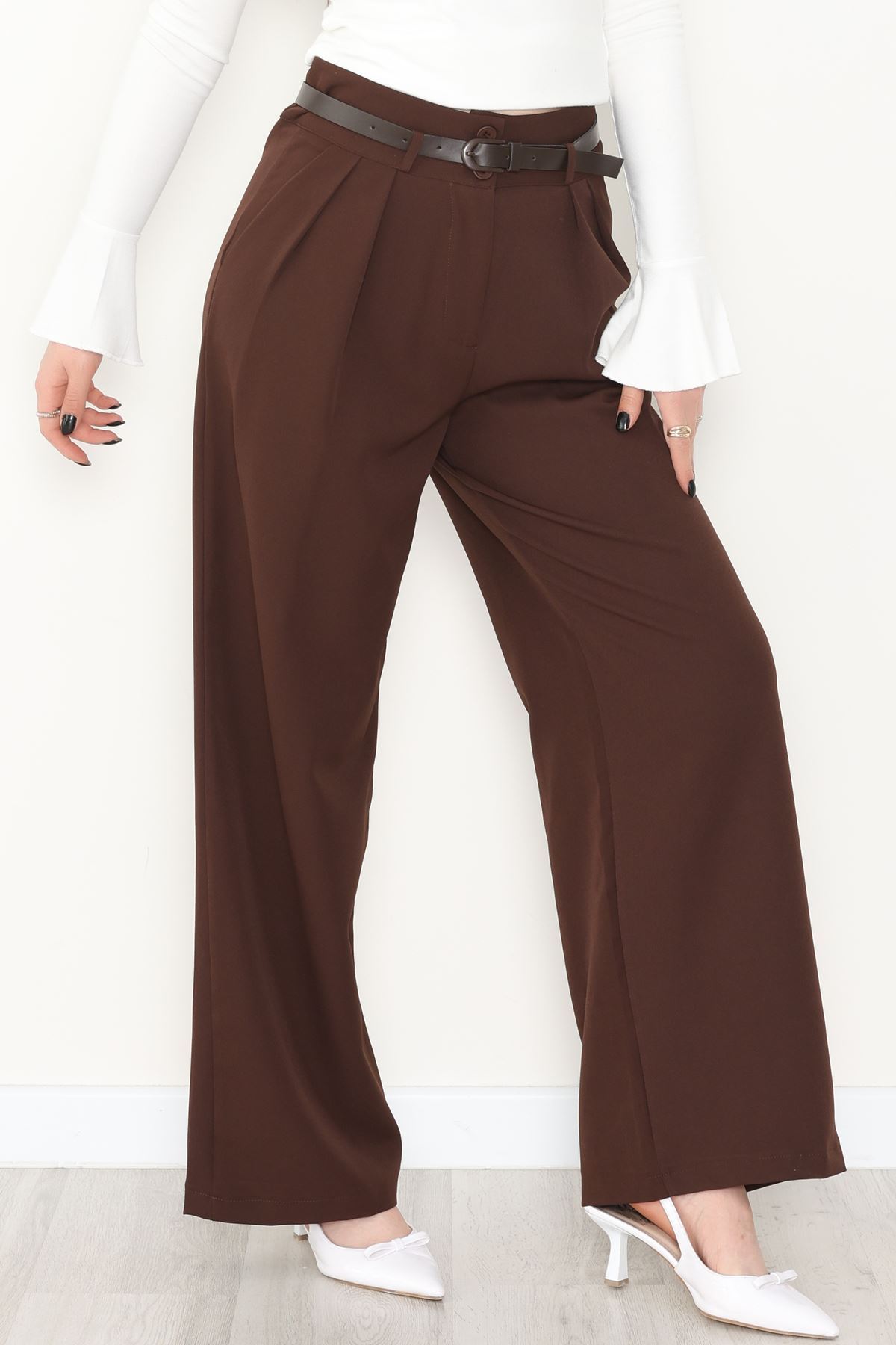 Dabıl Kumaş  Kemerli Çift Düğme Pileli Palazzo Pantolon Kahve - 2084.1991.